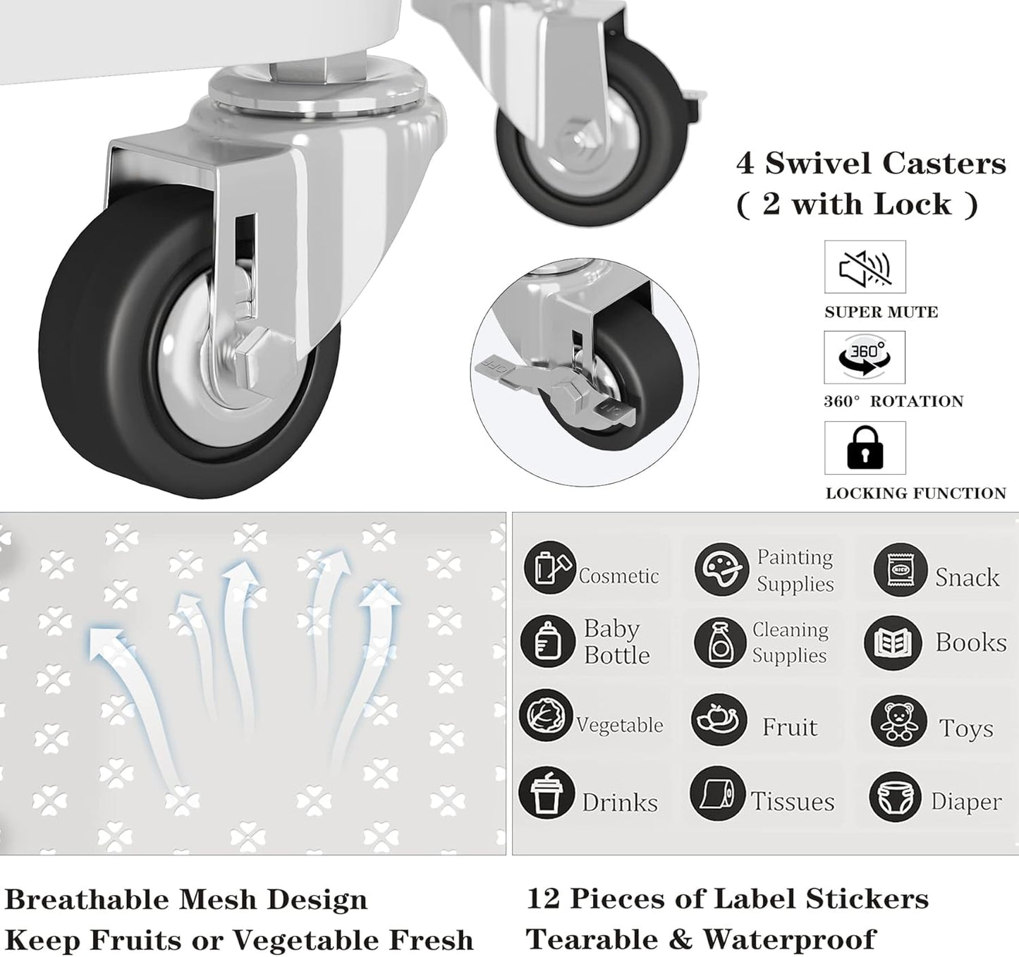 UDEAR 4-Tier Rolling Utility Cart with 12 Category Labels,Multifunctional Storage Shelves with Handle and Lockable Wheels for Room,Office,Kitchen,Bathroom,White