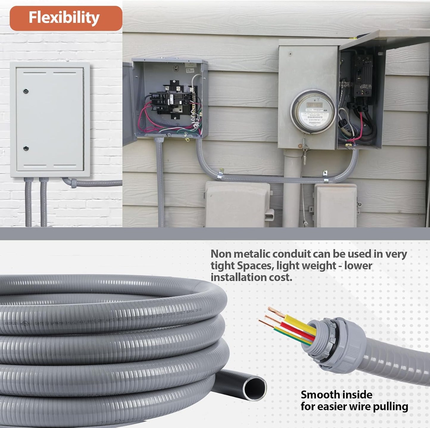 Liquid-Tight Conduit 1-1/4 inch 25ft, Electrical Conduit w/UL Certification, Flexible Conduit with 5 Straight and 5 90-Degree Conduit Connector Fittings Gray