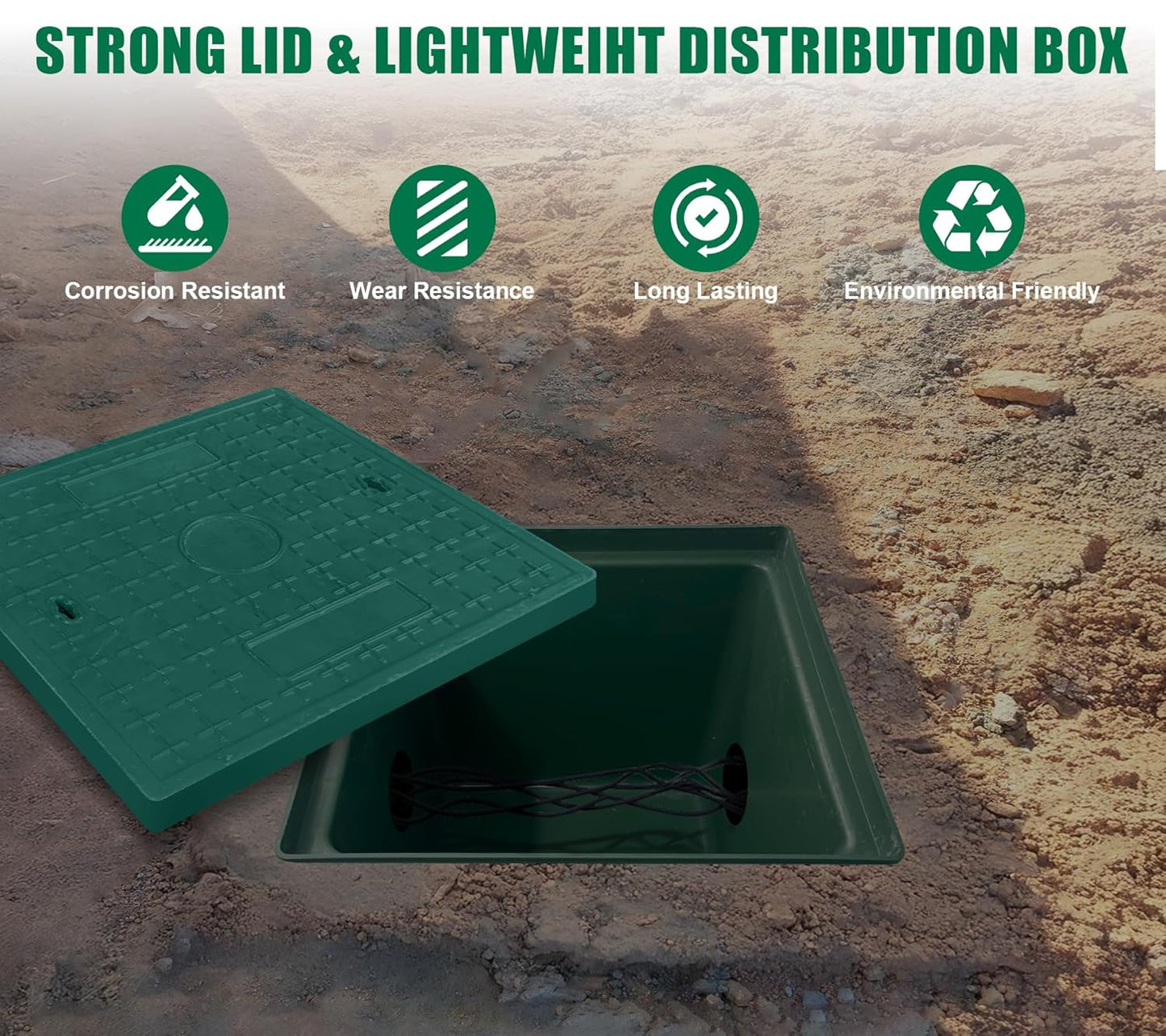 Underground Splice Box 12.5x12.5x14.3in Electrical Junction Boxes W/FRP Inspection Cover Deep Enclosure Pit Precast PE Pull Distribution Pit Access Drillable Tapered Cable Wiring Connection