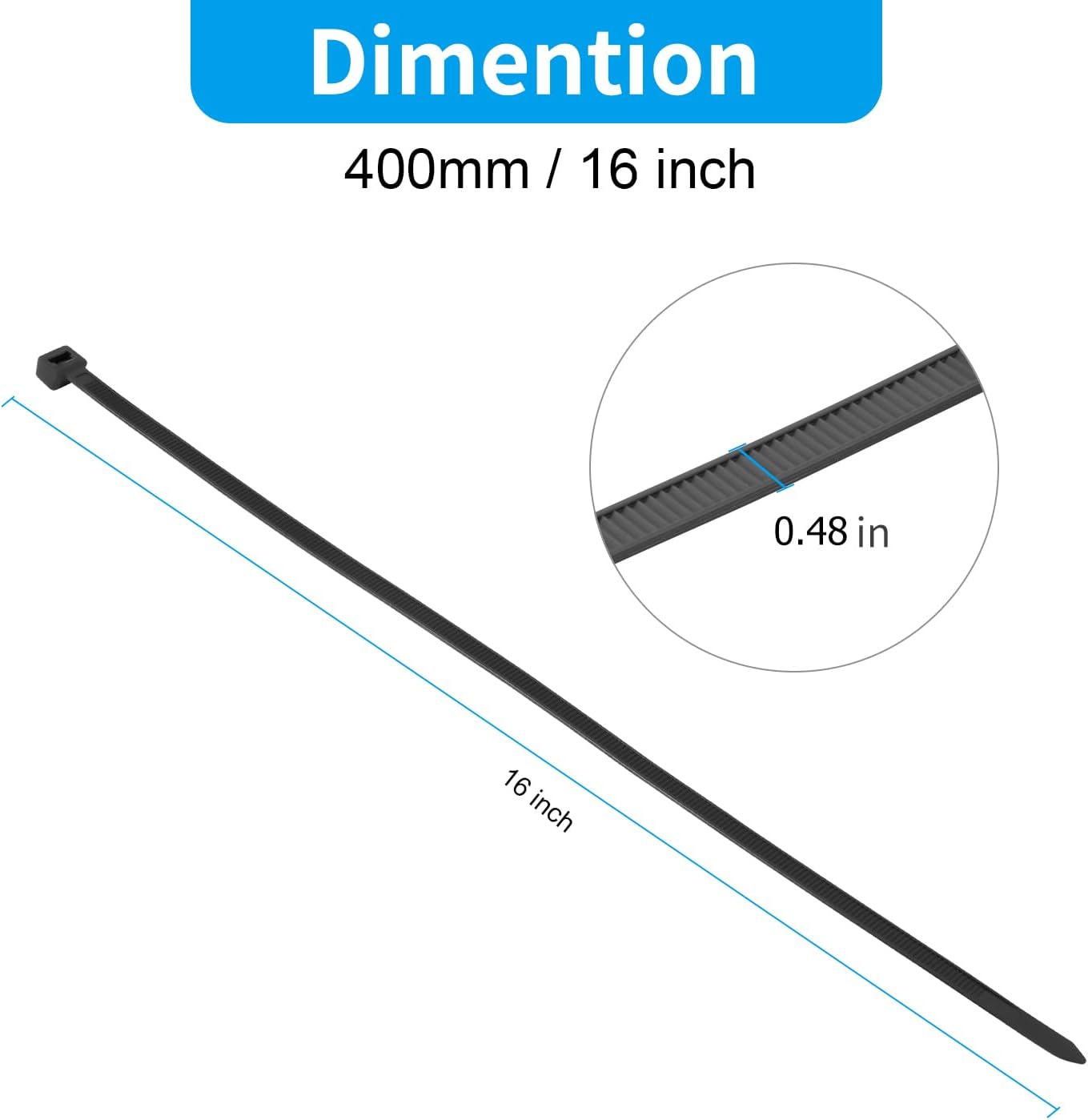 XINGO 16 inch Black Zip Ties Heavy Duty 60 PCS, 250 LBS Ultra Strong Plastic Wire Ties, Large Cable Ties Extra Long Tie Wraps, Indoor and Outdoor UV Resistant