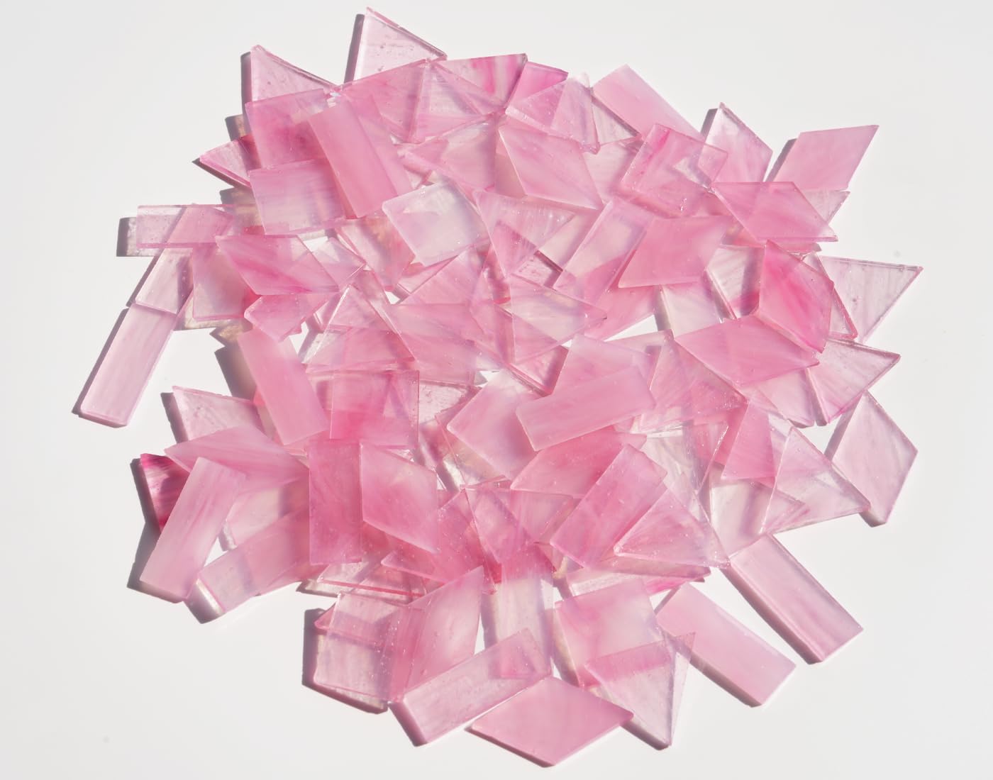 Crisp Texture Transparent Glass Mosaic Tiles, 200g Stained Glass Pieces, 4 Shapes Pre-Cut, Misty Pink