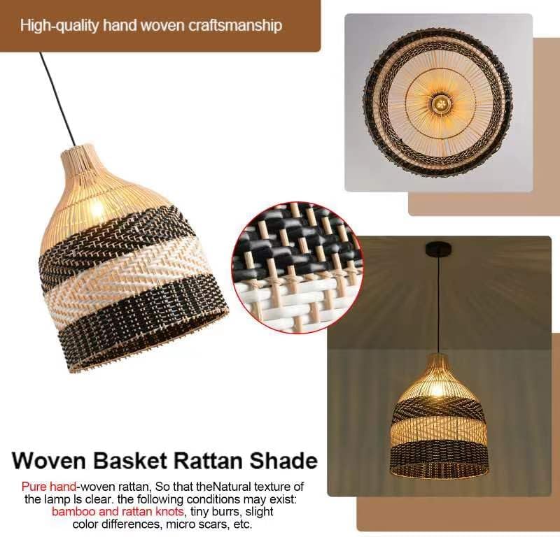 11.8" Rattan Pendant Light 1-Pack Black White Faux Rattan Basket Chandelier Boho Handmade Woven Oval Wicker Hanging Light Fixture for Public Place Dining Living Bedroom Kitchen
