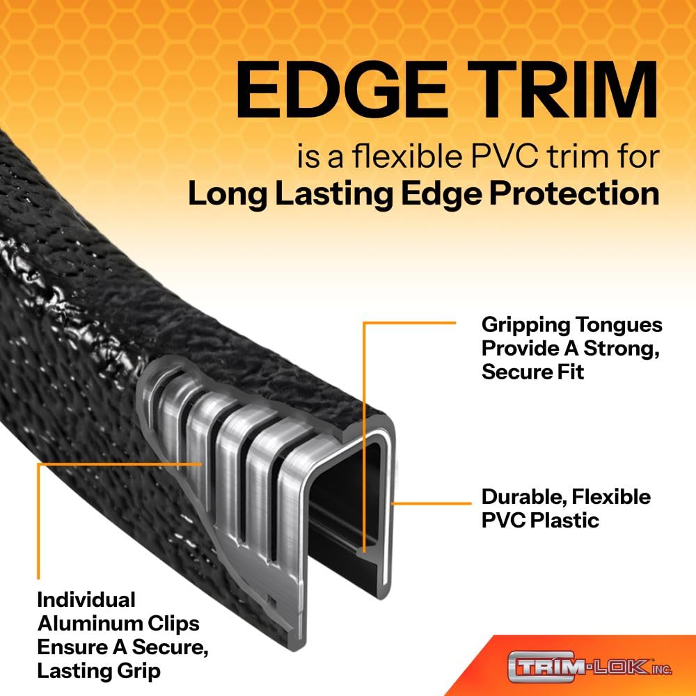 TRIM-LOK Edge Trim - Fits 3/8" Edge, 5/8” Leg Length, 25’ Length - Single Gripping Finger - Black, Pebble Texture - Flexible PVC Edge Protector