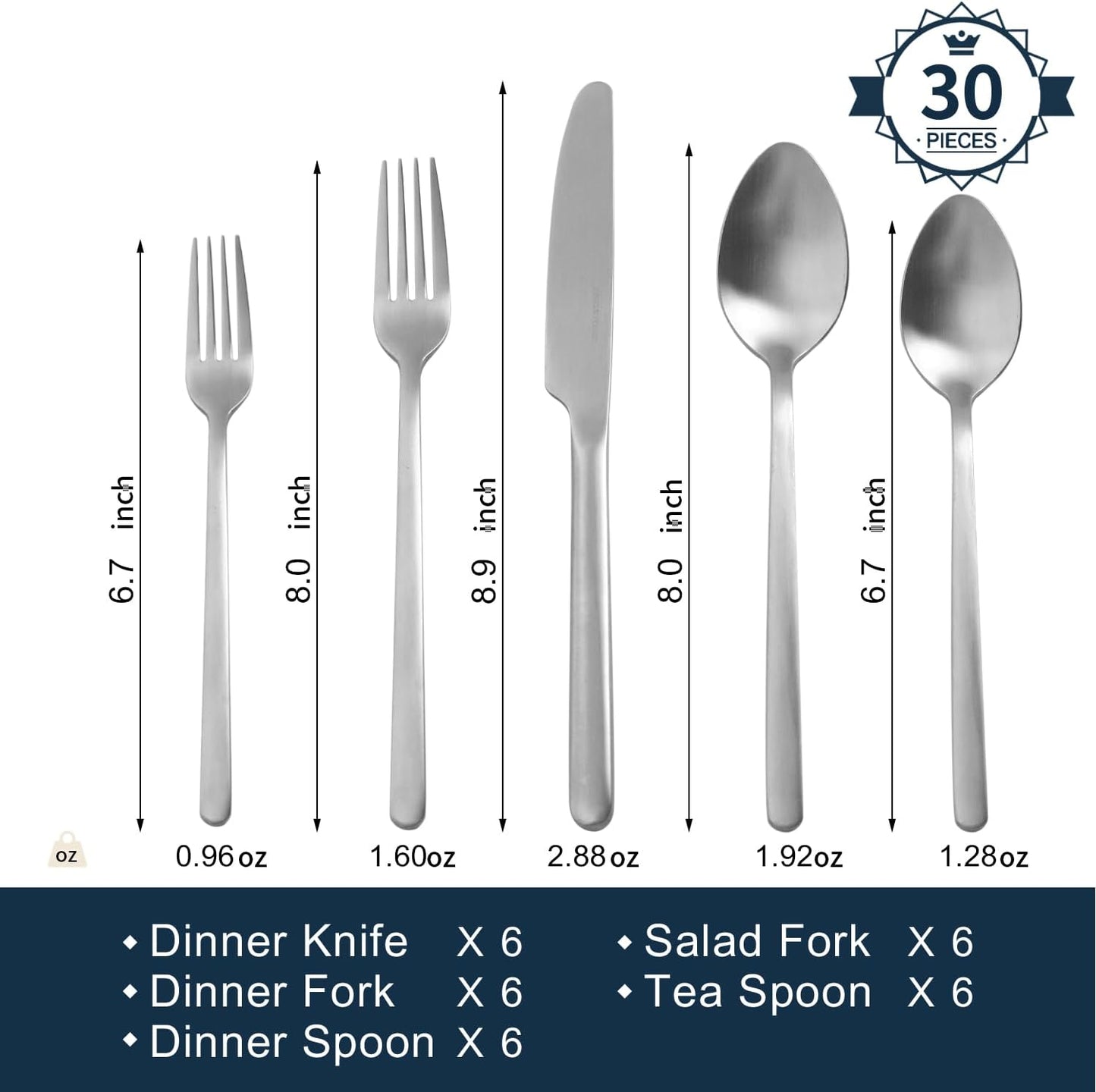 KINGSTONE 30 Pieces Silverware Set, Flatware Cutlery Set for 6, 18/10 Stainless Steel Silverware Utensils Minimalist Design Dishwasher Safe, Matte Silver