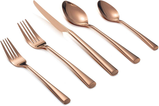 Alata Bailey Rose Gold 20-Piece Forged Stainless Steel Flatware Set Cutlery Set, Service for 4, Silver Finish, Dishwasher Safe