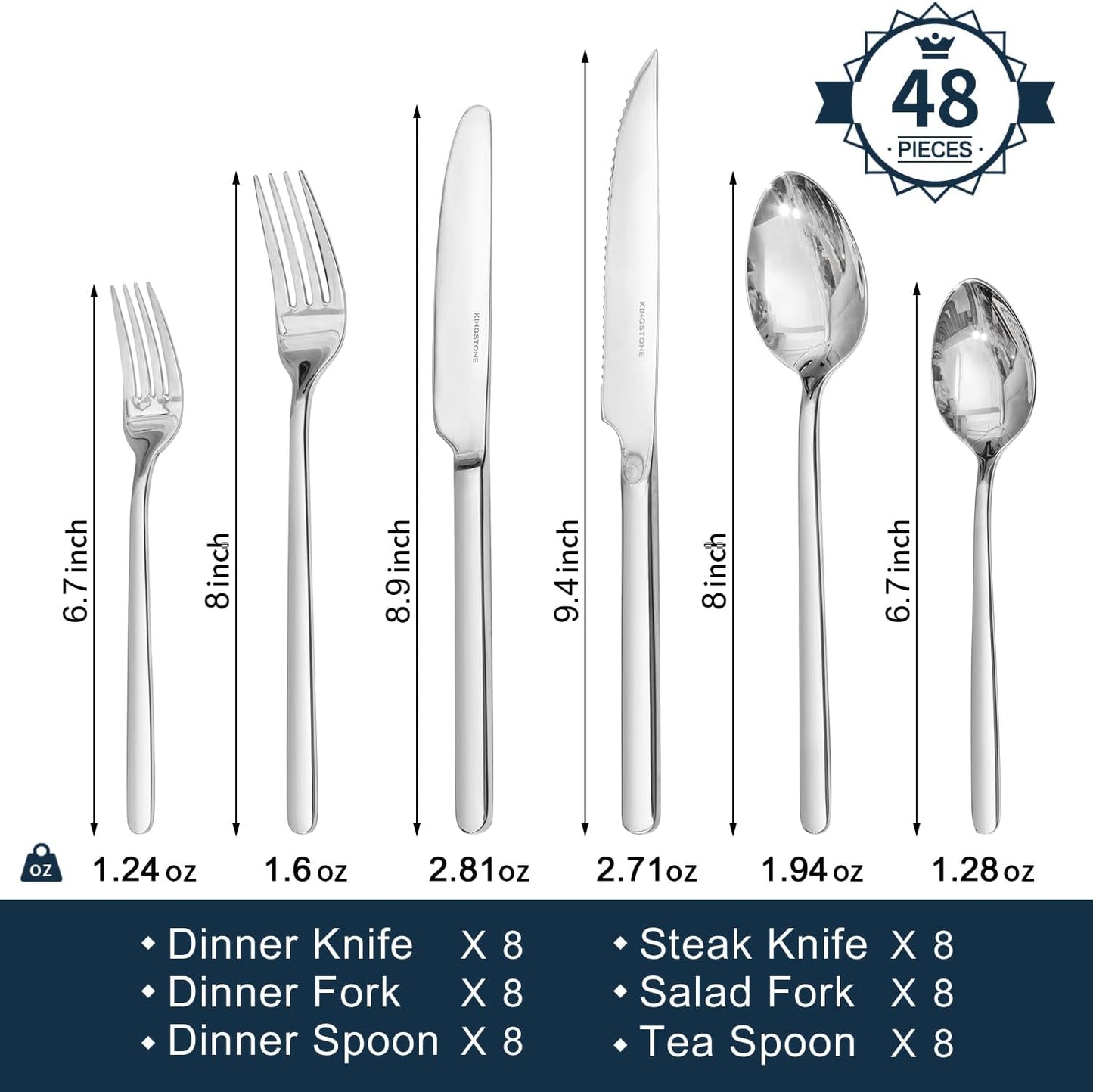 KINGSTONE 48-Piece Silverware Set with Steak Knives, Flatware Set for 8, Stainless Steel Tableware Cutlery Set for Home Restaurant, Mirror Finish,Modern Design