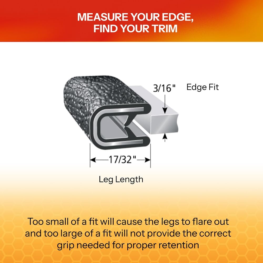 TRIM-LOK Edge Trim - Fits 3/16" Edge, 17/32” Leg Length, 100’ Length - Dual Gripping Fingers - Black, Pebble Texture - Flexible PVC Edge Protector