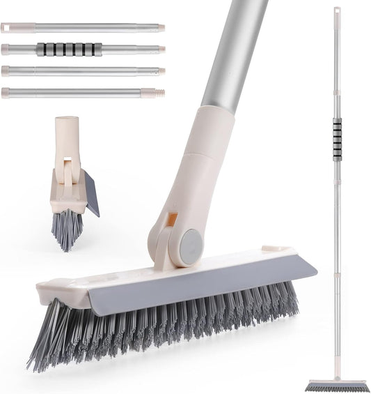 Grout Brush with Long Handle, 2 in 1 V-Shaped Floor Scrub Brush for Cleaning, Bathroom, Garage, Wall, Patio, and Tile, Stiff Bristle Brush with 54'' Telescopic Handle