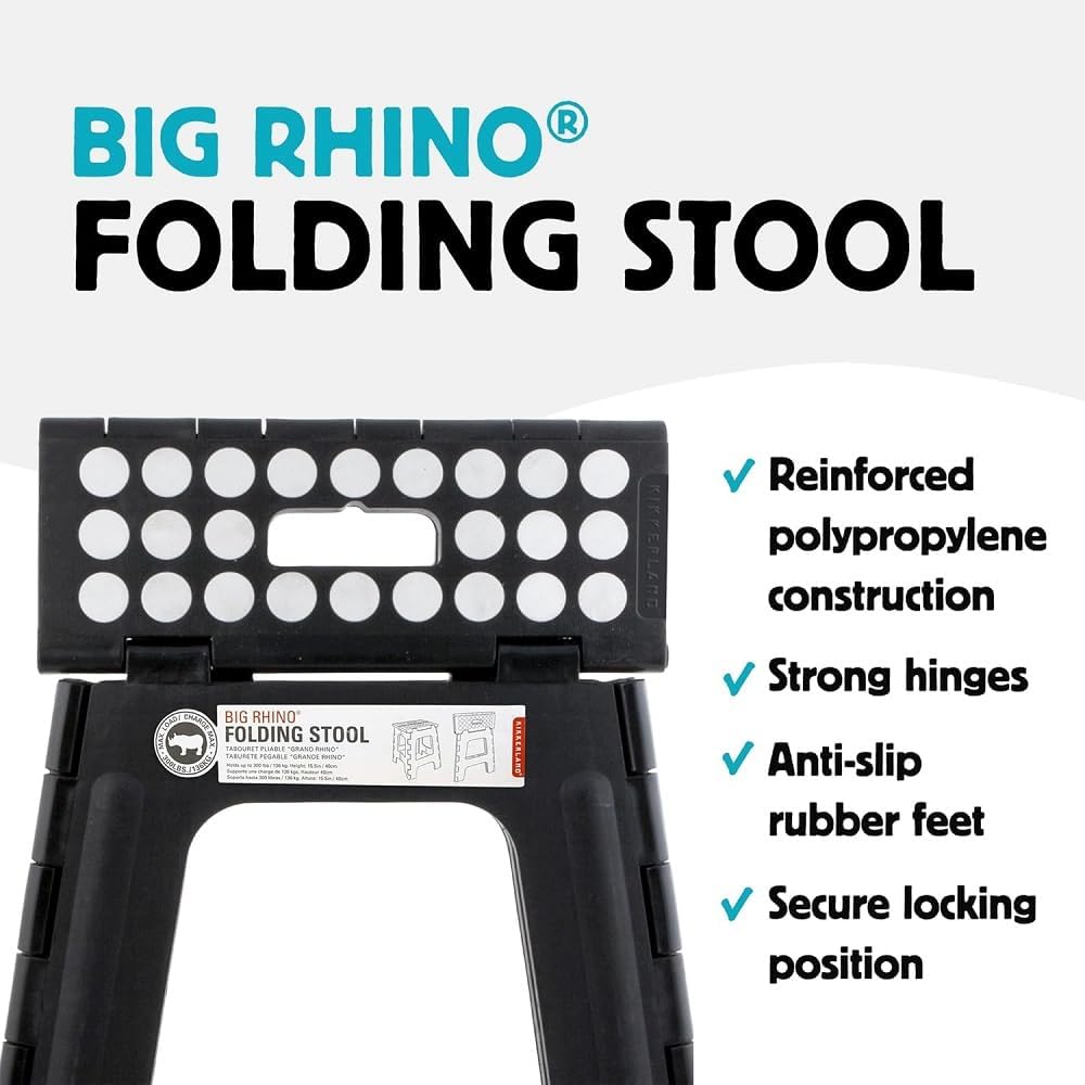 Kikkerland Rhino Foldable Step Stool – Holds Adults up to 300 Lbs, Best for Kitchen & Bathroom – Collapsible, Portable, Lightweight Stepping Stool with Sturdy, Non-Slip Design – Black, 15”