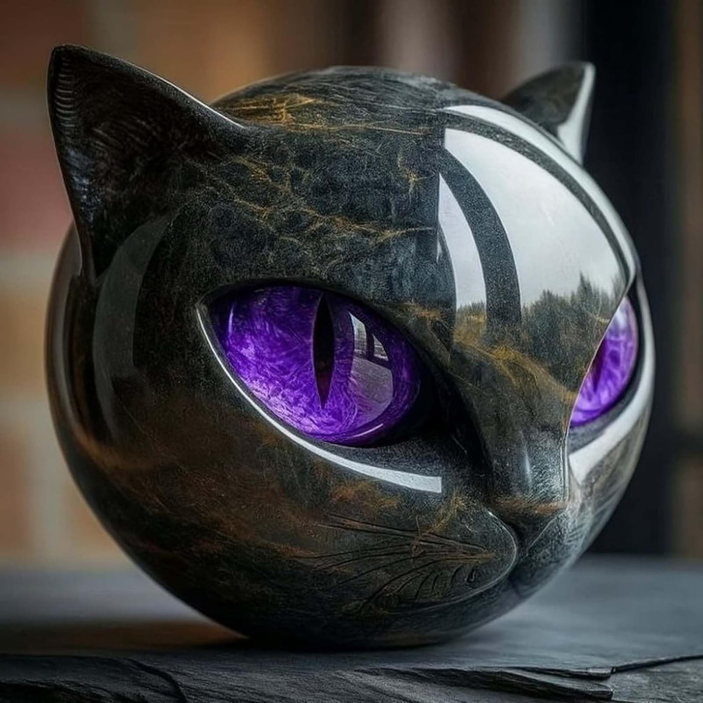 Luxury Black Cat Stone Sculpture Handcrafted Marble Look Resin Statue with Amber Eyes Elegant Home Decor & Gift-Ready Art Piece Figurine Carved Healing Gifts for Cat Lovers (Purple Eyes)