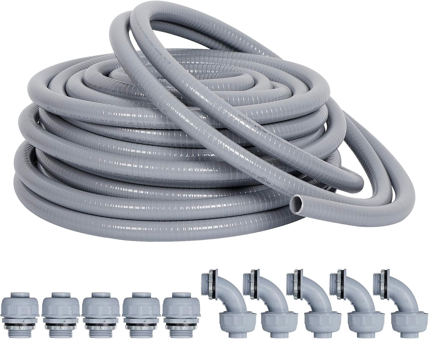 Liquid-Tight Conduit and Connector Kit 1/2inch 25ft, Flexible Non Metallic Liquid Tight Electrical Conduit w/UL Certification, Electrical Conduit Kit with 5 Straight, 5 Angle Fittings