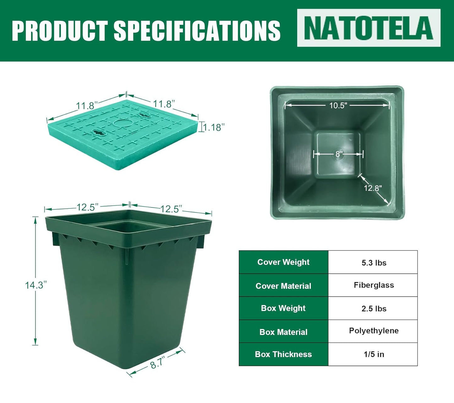 Underground Splice Box 12.5x12.5x14.3in Electrical Junction Boxes W/FRP Inspection Cover Deep Enclosure Pit Precast PE Pull Distribution Pit Access Drillable Tapered Cable Wiring Connection