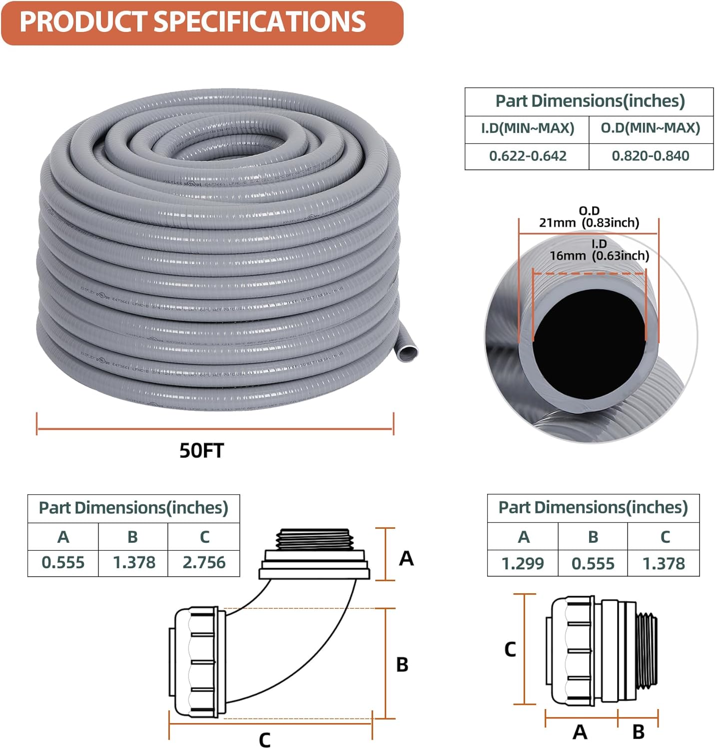 Liquid-Tight Conduit 50 ft and 10 Pieces of Connector Kit, Electrical Conduit 1/2 50ft w/UL Certification, Flexible Conduit with 5 Straight and 5 90-Degree Conduit Connector Fittings