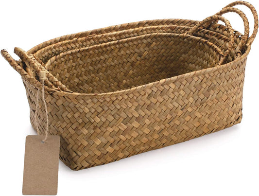 Seagrass Woven Baskets for Storage Natural Shelf Basket with Handle for Organizer Stackable Oval Set of 3 (Large+Medium+Small)
