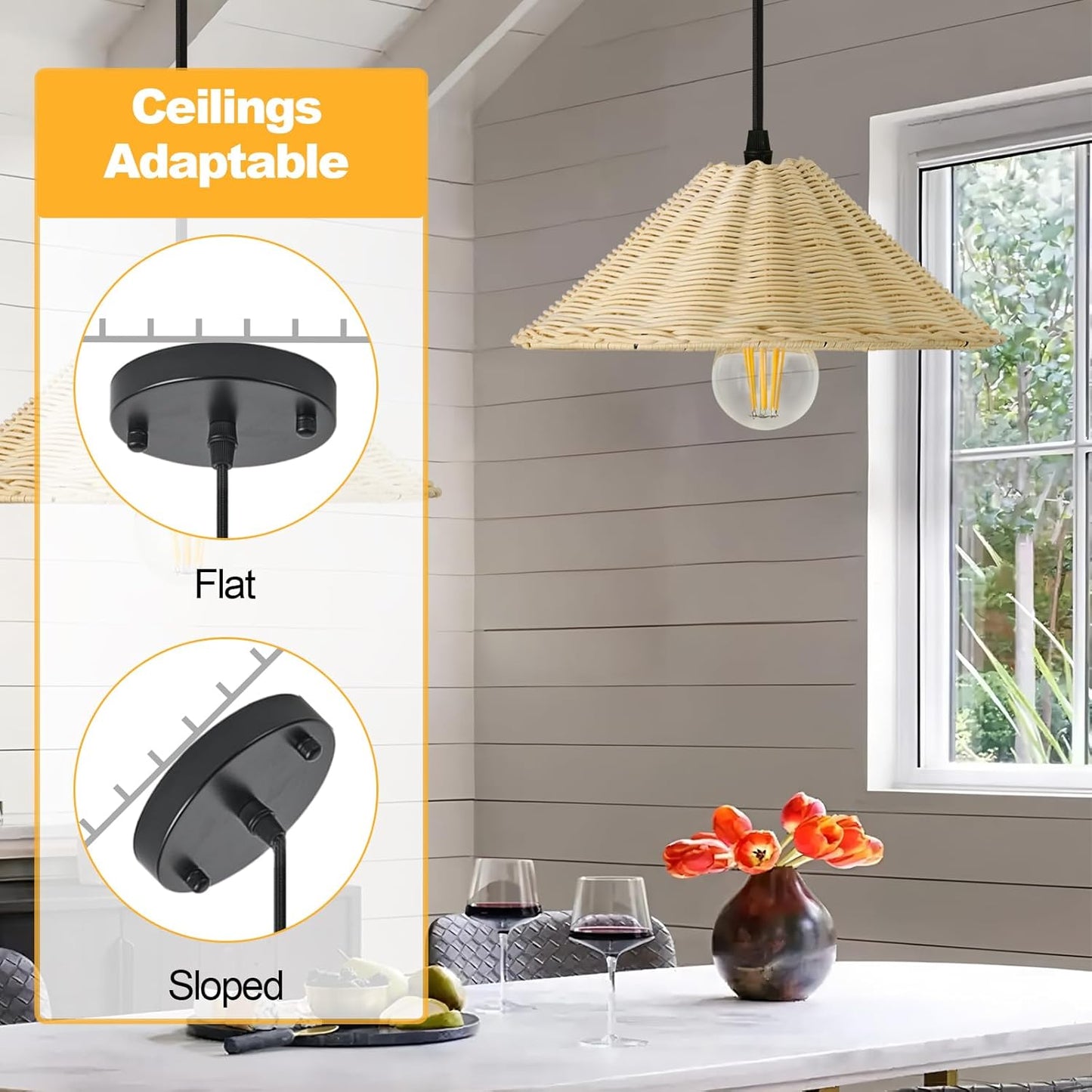 TERLEENART Hard Wired Rattan Pendant Lights Set of 2,Farmhouse Coastal Woven Wicker Ceiling Light with 10.65” Cone Shade, Boho Wired Mounted Hanging Chandelier for Bedroom Dining Room Kitchen Island