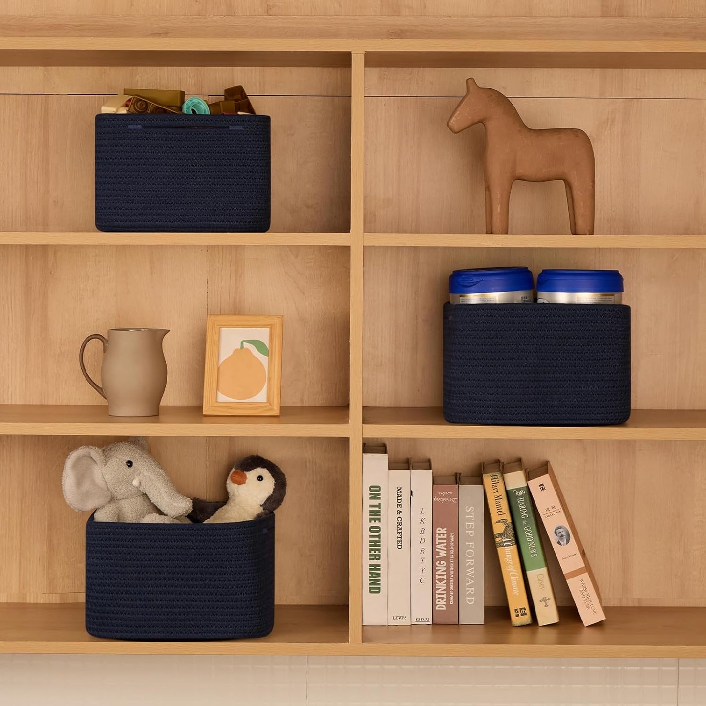 Small Organizing Baskets for Cubes Shelf, 9.7x9.7x7.1 Inch Rope Woven Storage Bins for Nursery Shelves Storage, Cute Toy Basket, Square 3 Packs Navy Blue