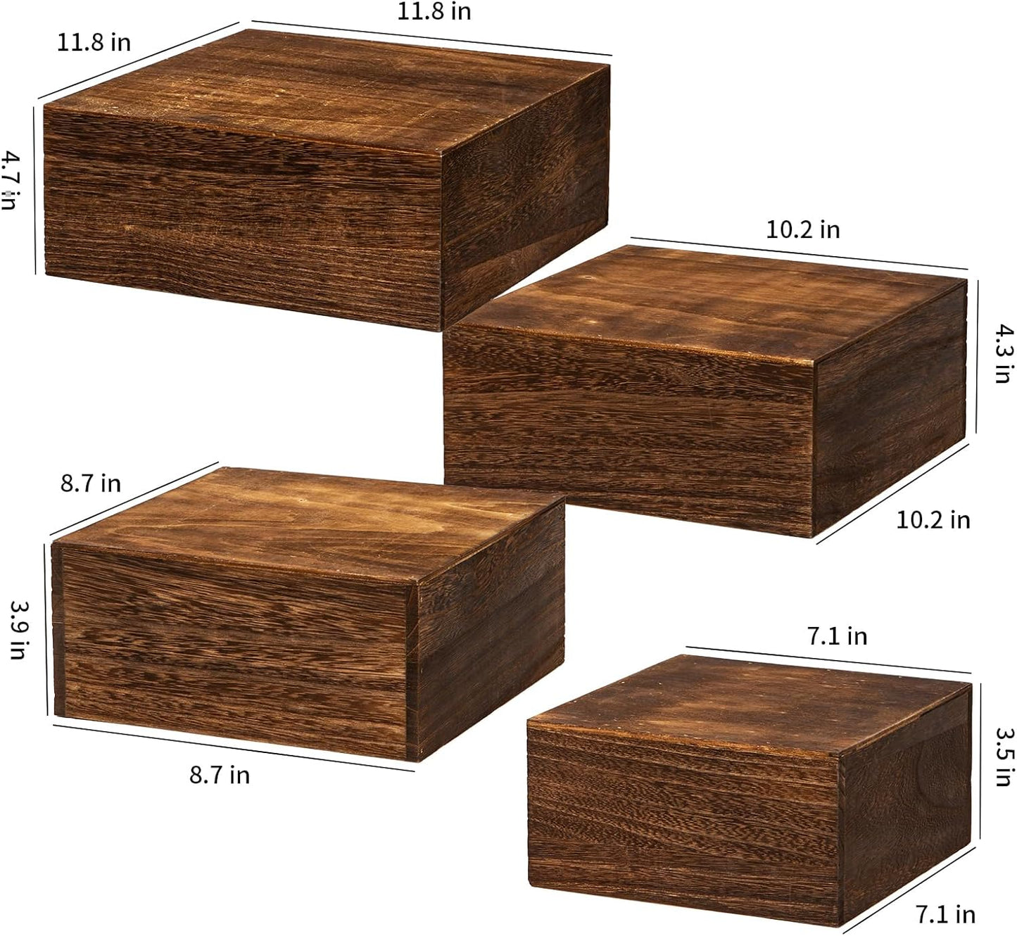 Vintage Brown Square Wooden Cake Stands For Display,Set Of 4 Wood Cupcake Stands Risers, 12 Inches Rustic Wood Crates For Wedding Cake Display, (Vintage Brown)