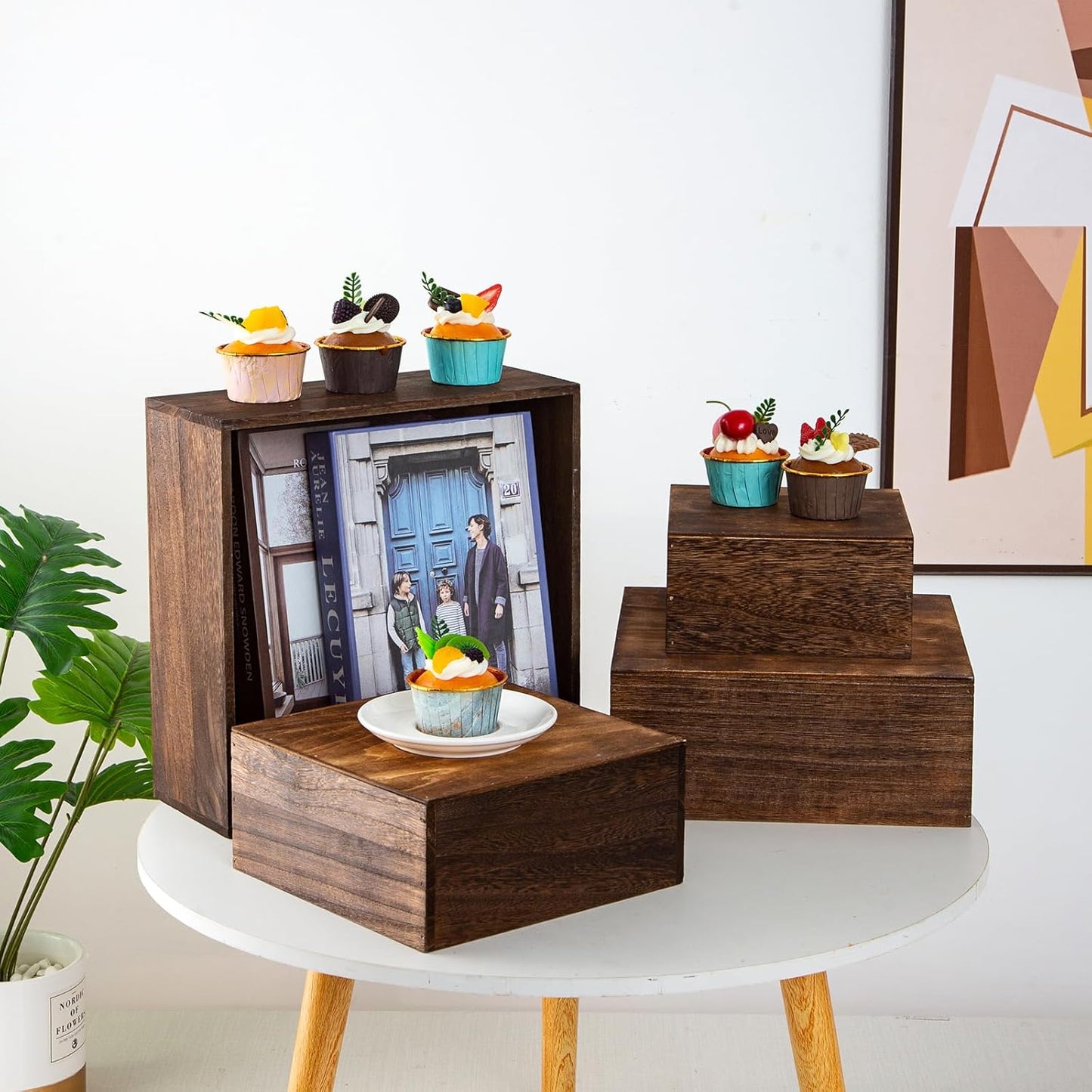 Vintage Brown Square Wooden Cake Stands For Display,Set Of 4 Wood Cupcake Stands Risers, 12 Inches Rustic Wood Crates For Wedding Cake Display, (Vintage Brown)