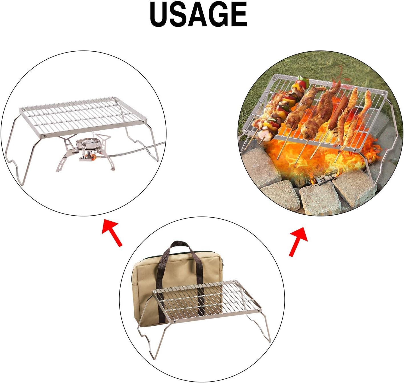 REDCAMP 13.6" Small Folding Campfire Grill, 304 Stainless Steel Firepit Grill Grate, Heavy Duty Portable Camping Grill with Carrying Bag for Outdoor Cooking Backpacking Hiking Picnics BBQ