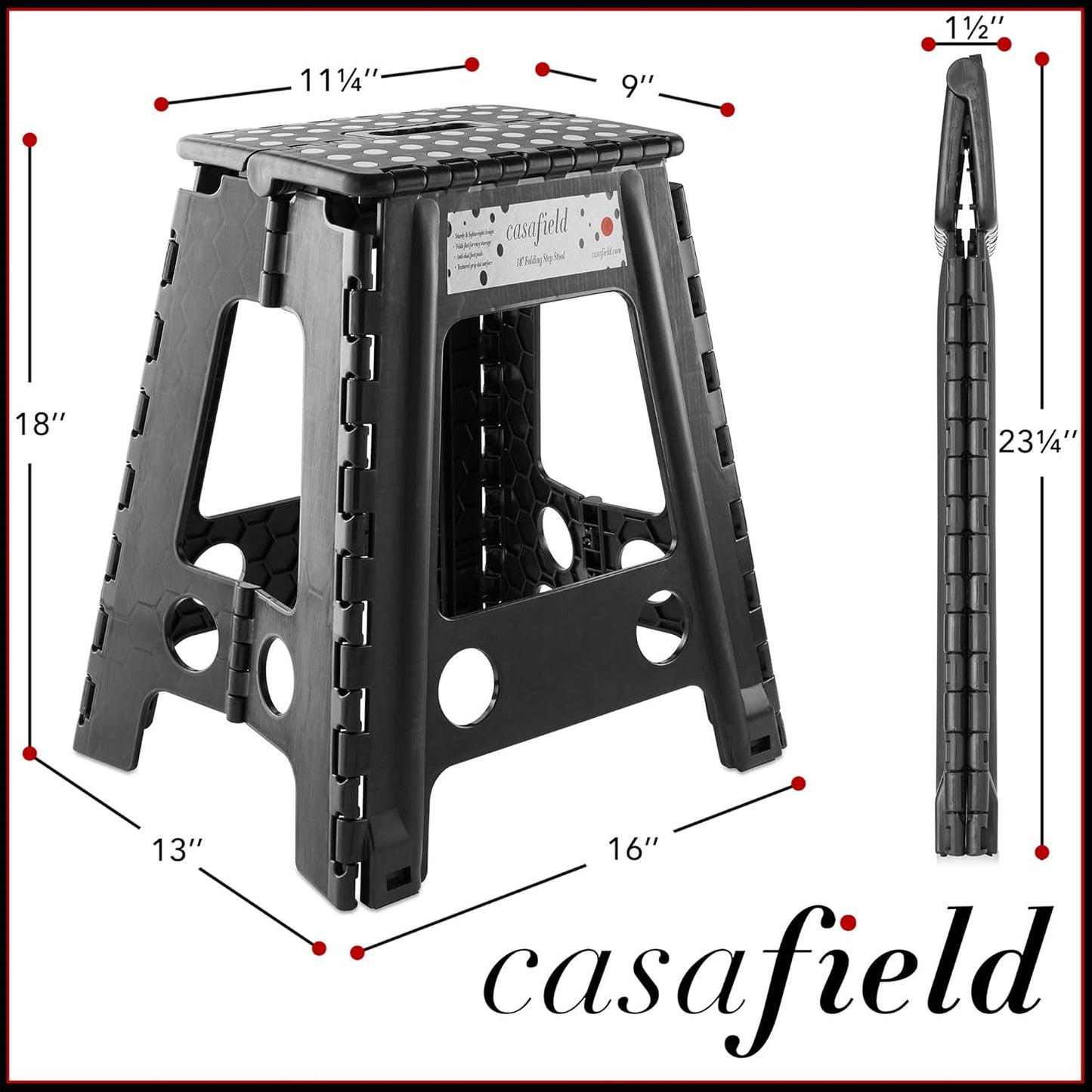 Casafield 18" Folding Step Stool with Handle, Black - Portable Collapsible Small Plastic Foot Stool for Adults - Use in The Kitchen, Bathroom and Bedroom