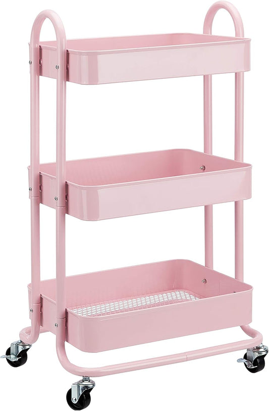Amazon Basics 3-Tier Rolling Utility or Kitchen Cart, Lockable Wheels, Multifunctional Storage, Dusty Pink