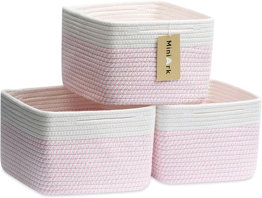 Small Organizing Baskets for Cubes Shelf, 9.7x9.7x7.1 Inch Rope Woven Storage Bins for Nursery Shelves Storage, Cute Toy Basket, Square 3 Packs Off White Pink