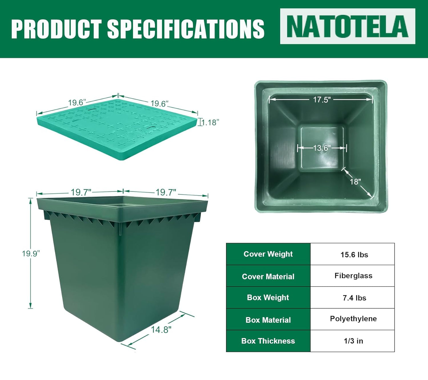 2 Sets 20x20x20in Underground Splice Box W/FRP Cover,Large Enclosure Precast Polyethylene Distribution Pull Pit Access Electrical Junction Boxes Drillable Tapered Wiring for Cable