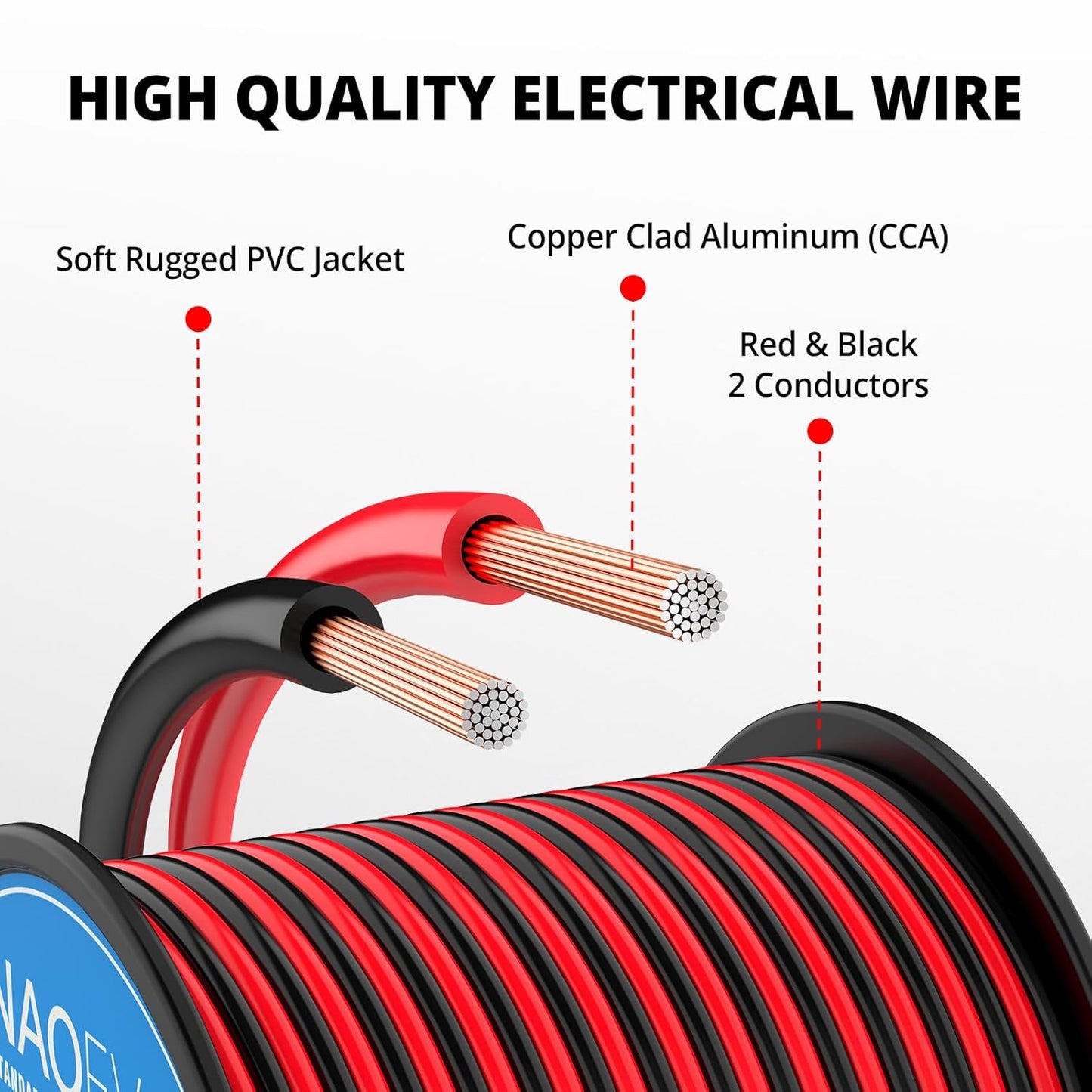 NAOEVO 18 Gauge Wire 150FT, 2 Conductors Electrical Wire Red Black Cable, Flexible/Low Voltage/PVC 18 AWG Copper Clad Aluminum Extension Cord for Speaker, LED Strips, Automotive 12V/24V DC