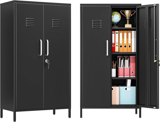 47" Metal Storage Locker, Lockable Employees Metal Locker with 2 Door and Adjustable Shelves, Steel Locker for Home, School, Office, Gym (Black)