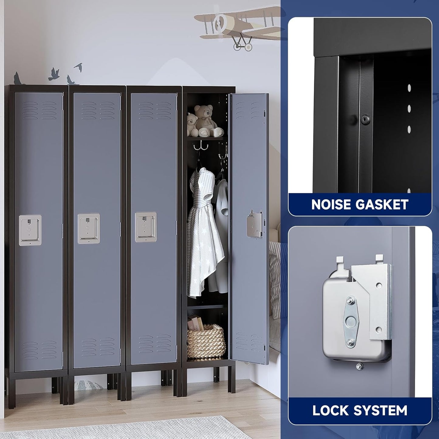 Yizosh Metal Lockers for Employees with Lock, Employees Locker Storage Cabinet with 1 Doors, Tall Steel Storage Locker for Gym, School, Office (Gray Black, 1 Door)