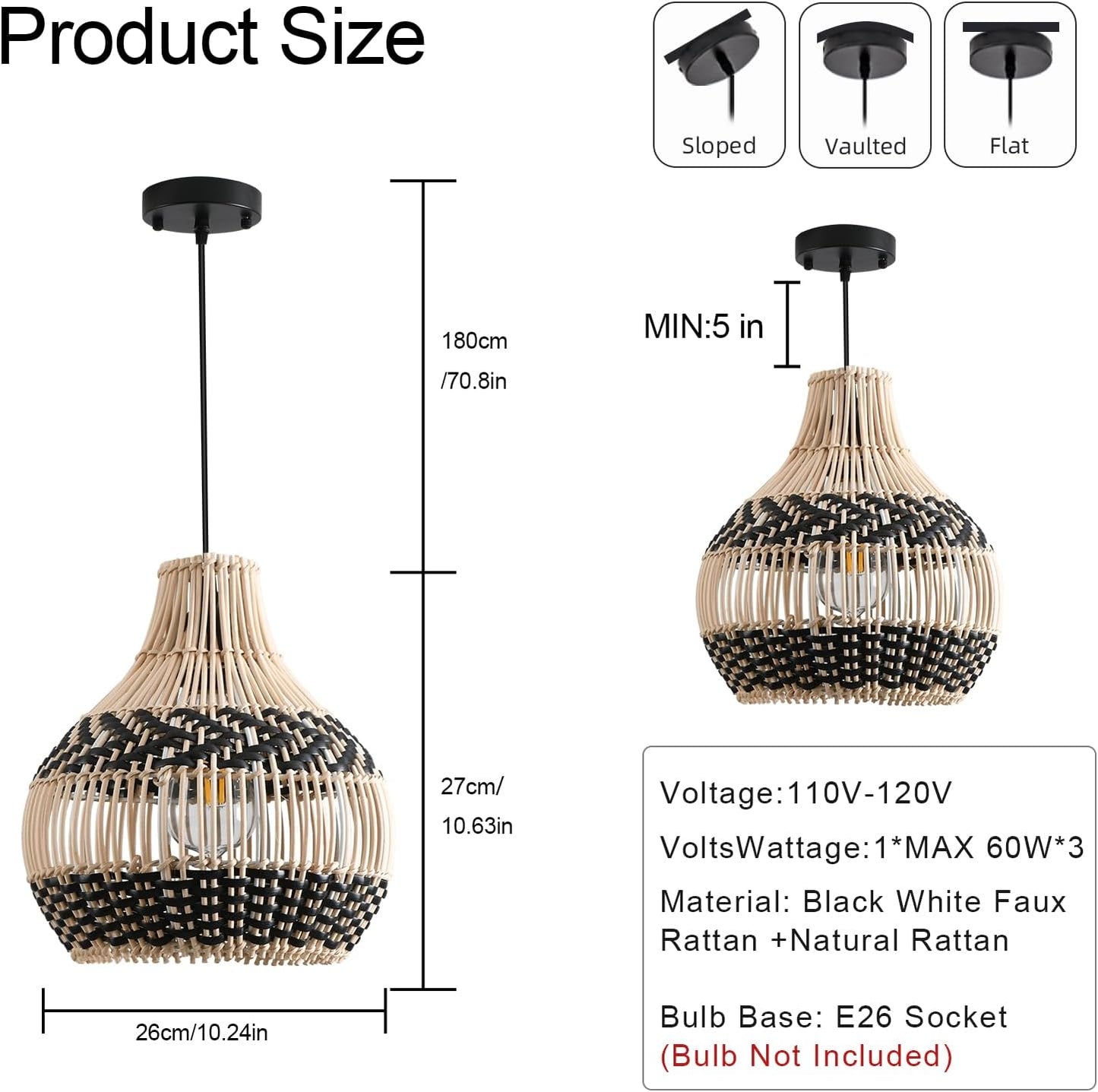 3-Pack Fax Rattan Pendant Light Fixture Mini Hand-Woven Black White Rattan Chandelier 10.24" Boho Wicker Hanging Lamp for Dining Living Bedroom Kitchen Farmhouse