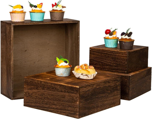 Vintage Brown Square Wooden Cake Stands For Display,Set Of 4 Wood Cupcake Stands Risers, 12 Inches Rustic Wood Crates For Wedding Cake Display, (Vintage Brown)