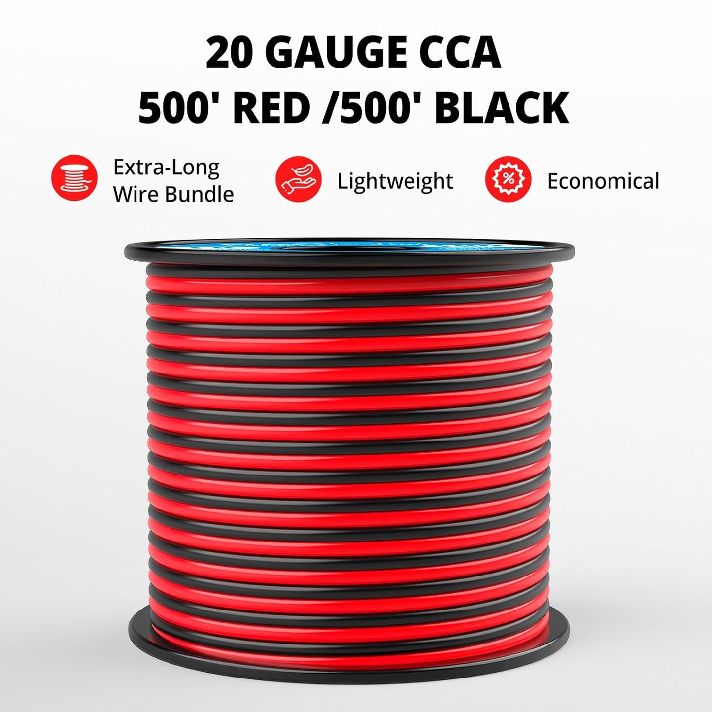 NAOEVO 20 Gauge Wire 500FT, 2 Conductors Electrical Wire Red Black Cable, Flexible/Low Voltage/PVC 20 AWG Copper Clad Aluminum Extension Cord for Speaker, LED Strips, Automotive 12V/24V DC