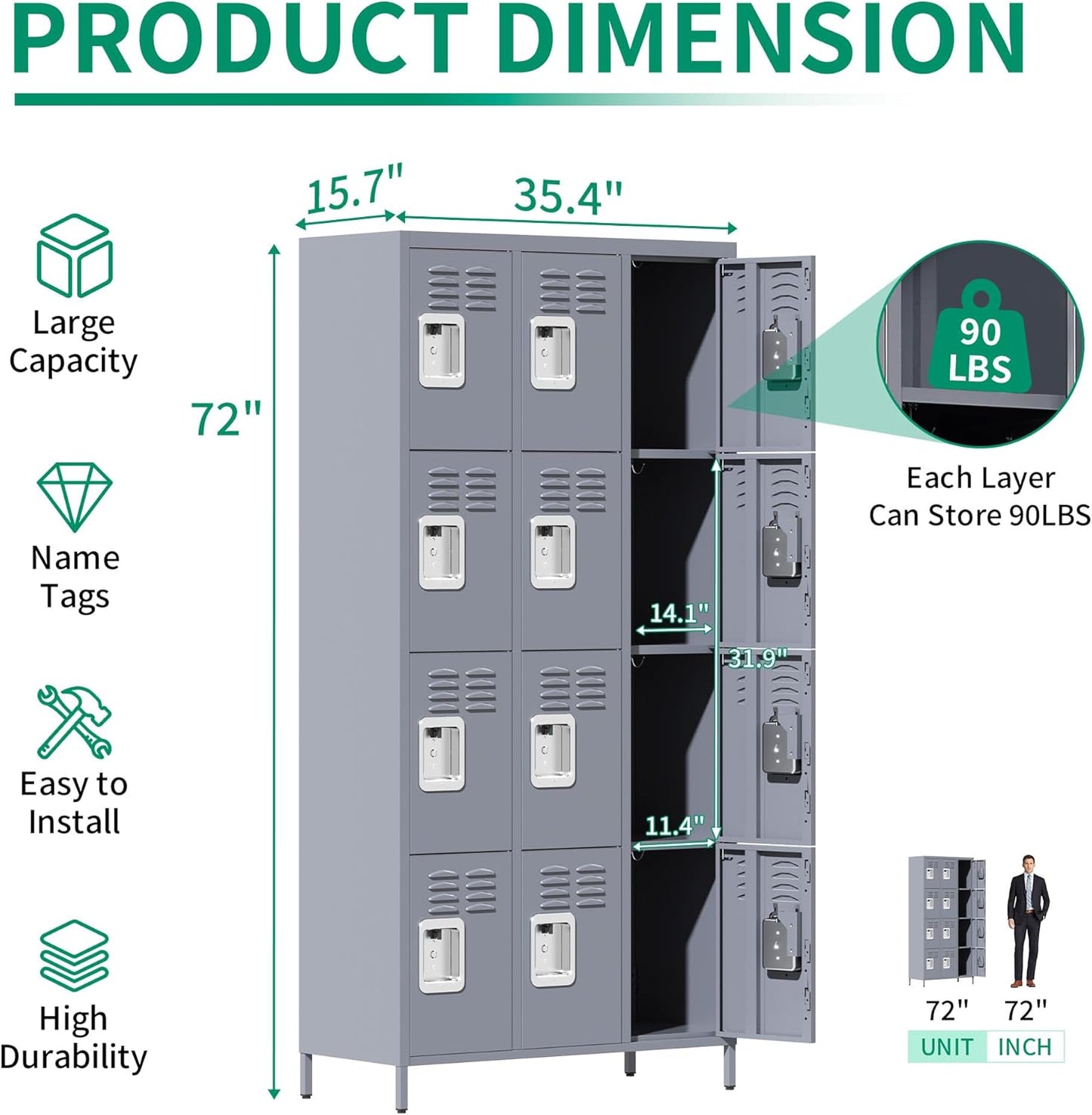 Metal Lockers for Employees, Storage Employee Locker, 72" Storage Lockers with Shelves Steel Cabinet for Home (Gray, 12 Door)