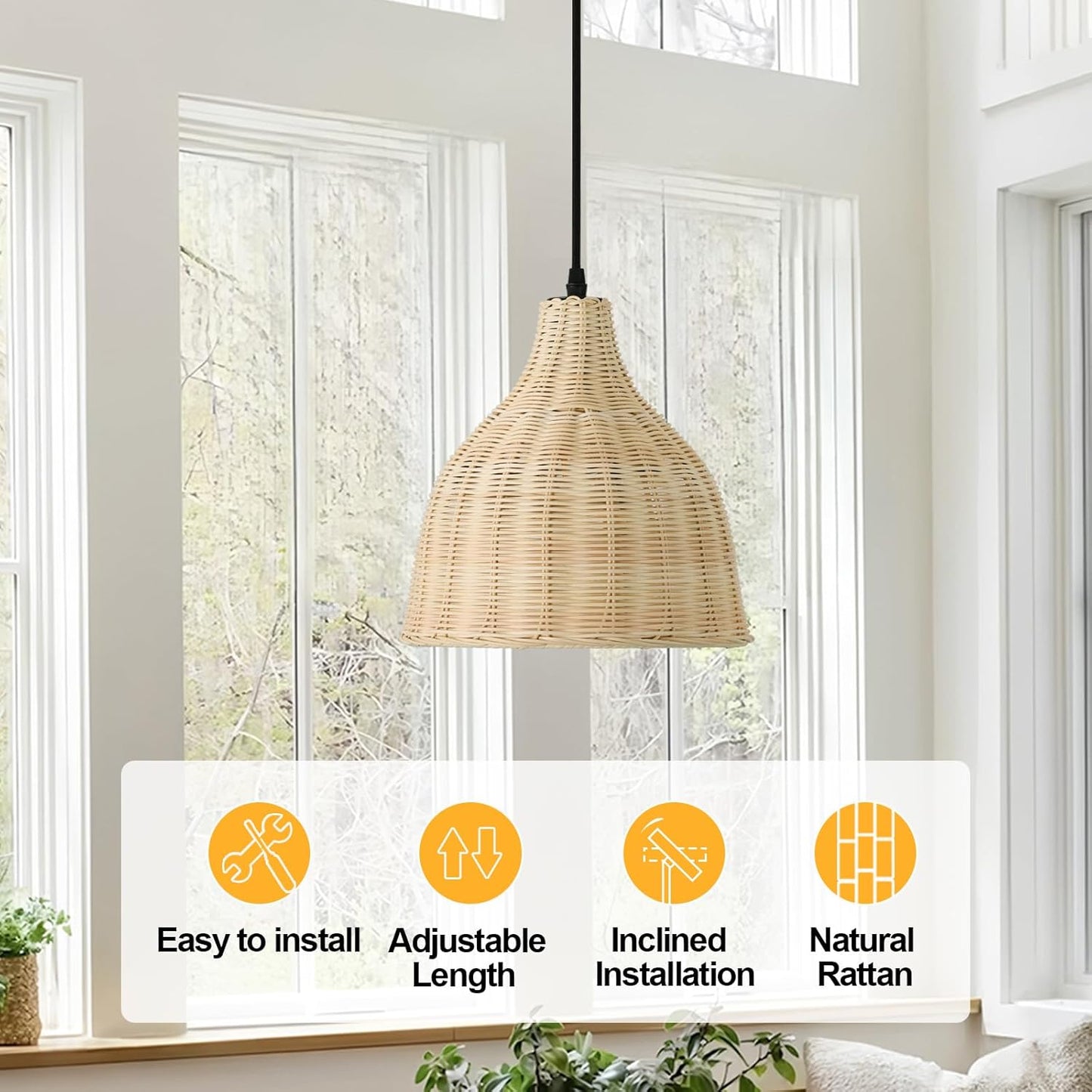 TERLEENART Hard Wired Rattan Pendant Lights Set of 2,Boho Wicker Chandelier with 9.84” Dome Shade, Basket Hand Woven Hanging Lamp for Coastal Kitchen Island Dining Room Living Room Bar Foyer Hallway