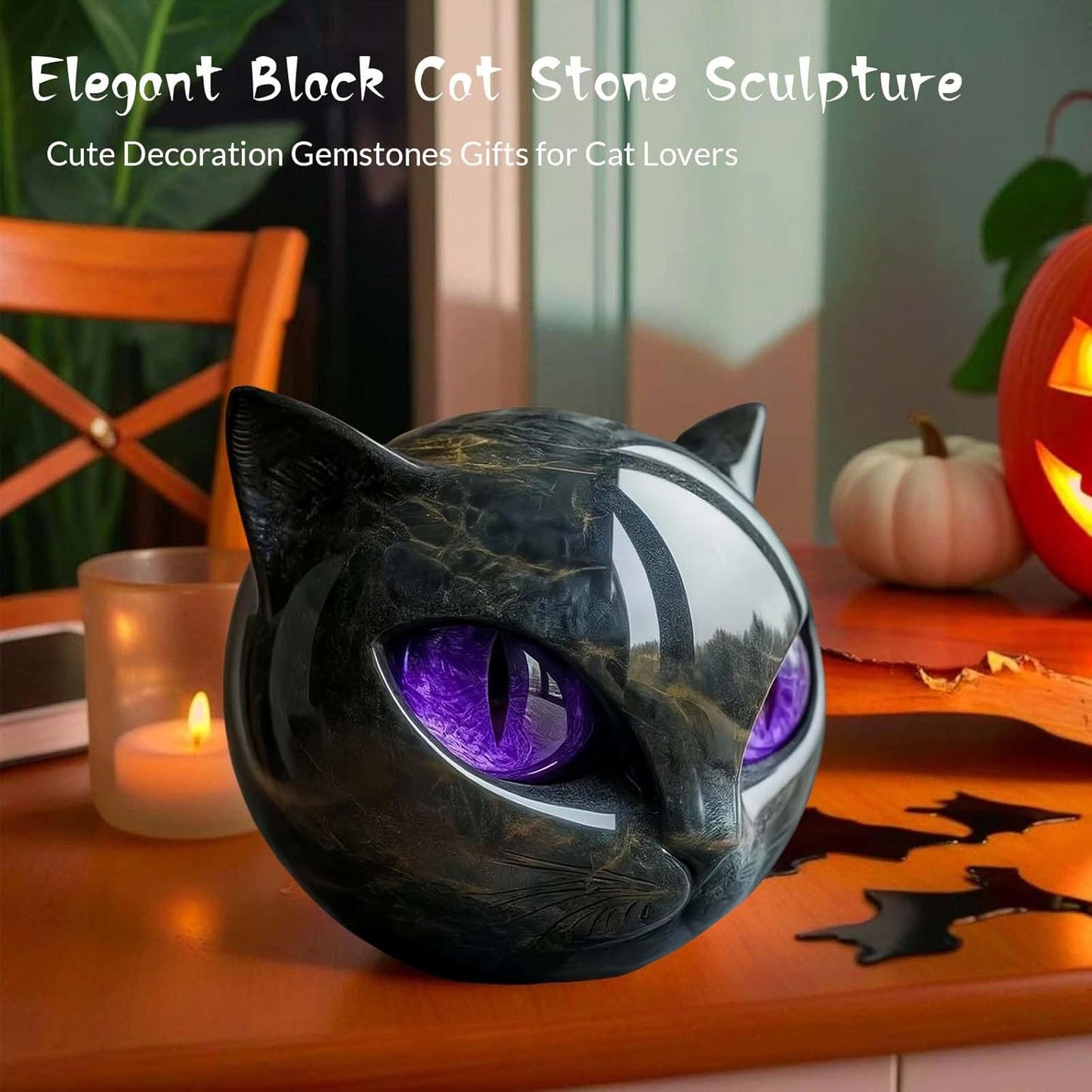 Luxury Black Cat Stone Sculpture Handcrafted Marble Look Resin Statue with Amber Eyes Elegant Home Decor & Gift-Ready Art Piece Figurine Carved Healing Gifts for Cat Lovers (Purple Eyes)