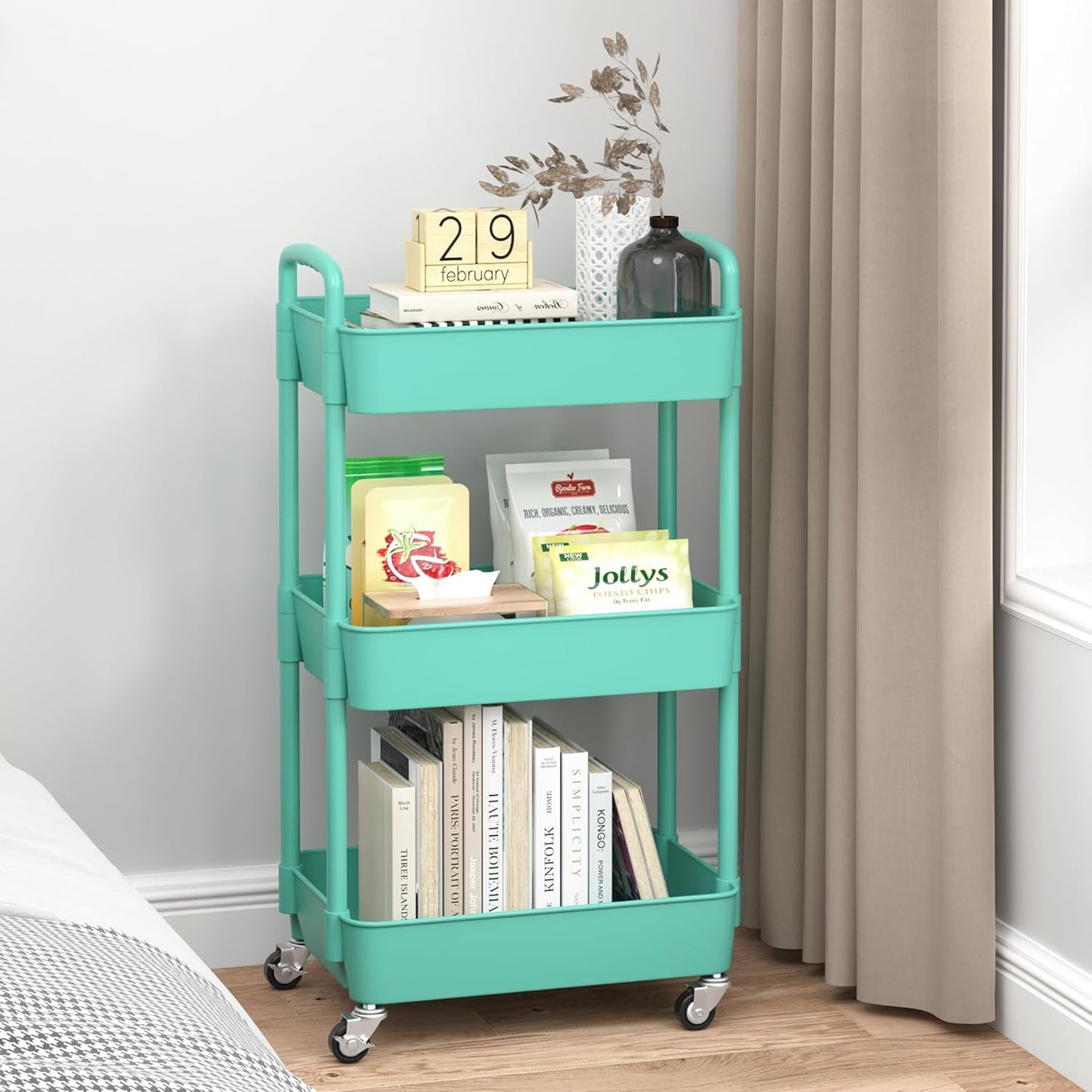 Sywhitta 3-Tier Plastic Rolling Utility Cart with Handle, Multi-Functional Storage Trolley for Office, Living Room, Kitchen, Movable Storage Organizer with Wheels, Green