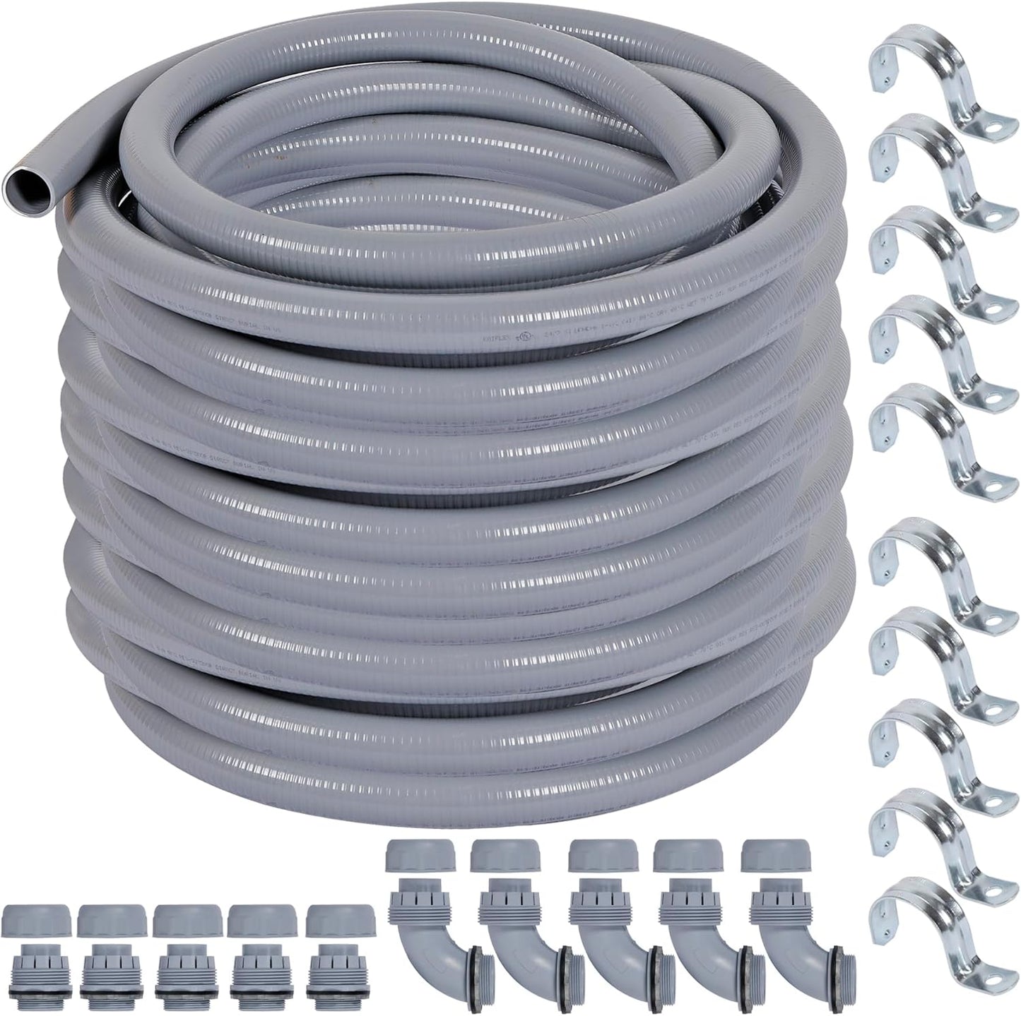 Liquid-Tight Conduit 3/4 150ft, Electrical Conduit w/UL Certification, Flexible Conduit with 5 Straight and 5 90-Degree Conduit Connector Fittings Gray