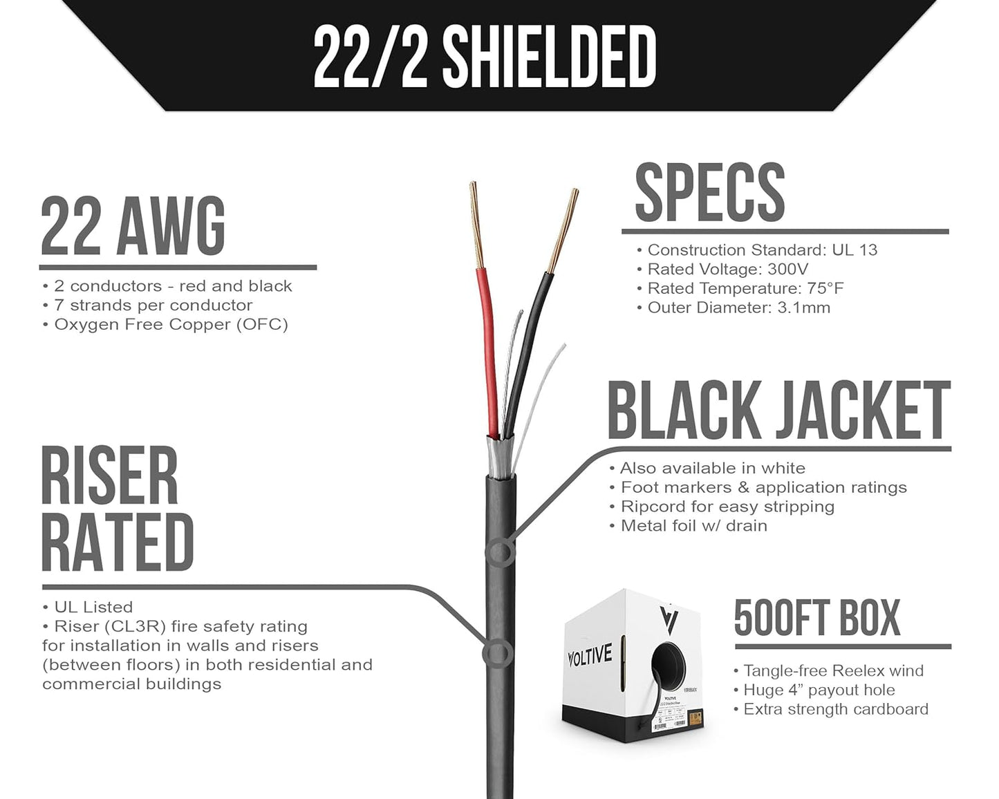 Voltive 22/2 Shielded Riser - CL3R Rated - Bare Copper - 500 Foot Box - Black