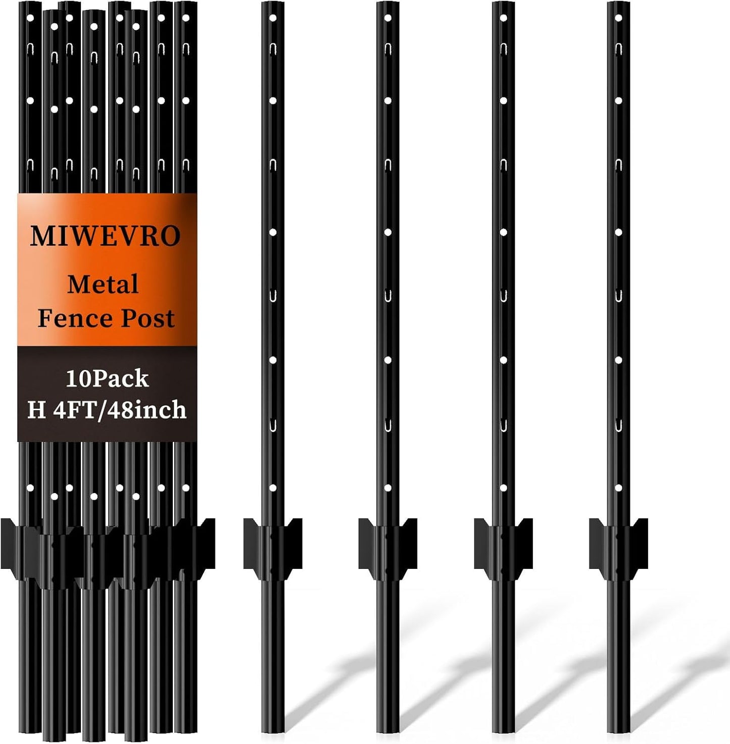 10 Pack Garden Fence Post, 4 Feet Heavy Duty Metal U-Post for Wire Fence, No Dig Garden Fence Stakes for Temporary Fencing, Electric Fence Wire, Corner Anchor, and More-Black