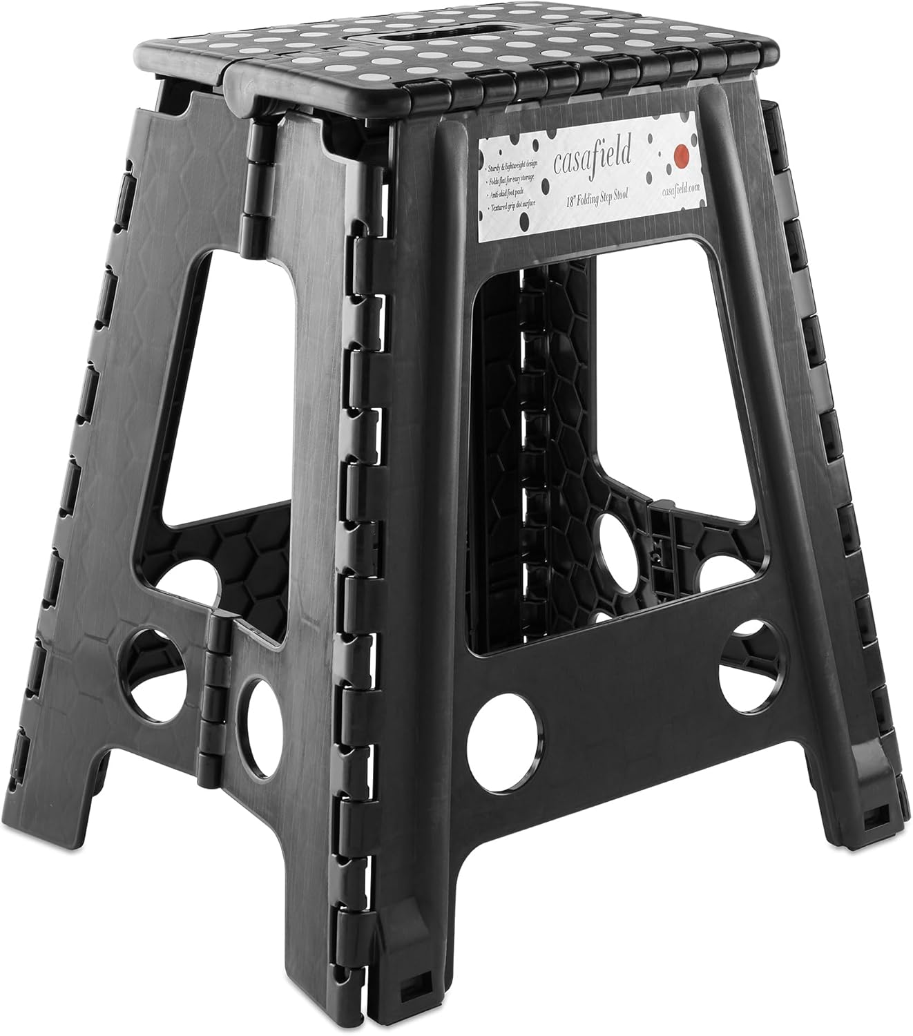 Casafield 18" Folding Step Stool with Handle, Black - Portable Collapsible Small Plastic Foot Stool for Adults - Use in The Kitchen, Bathroom and Bedroom