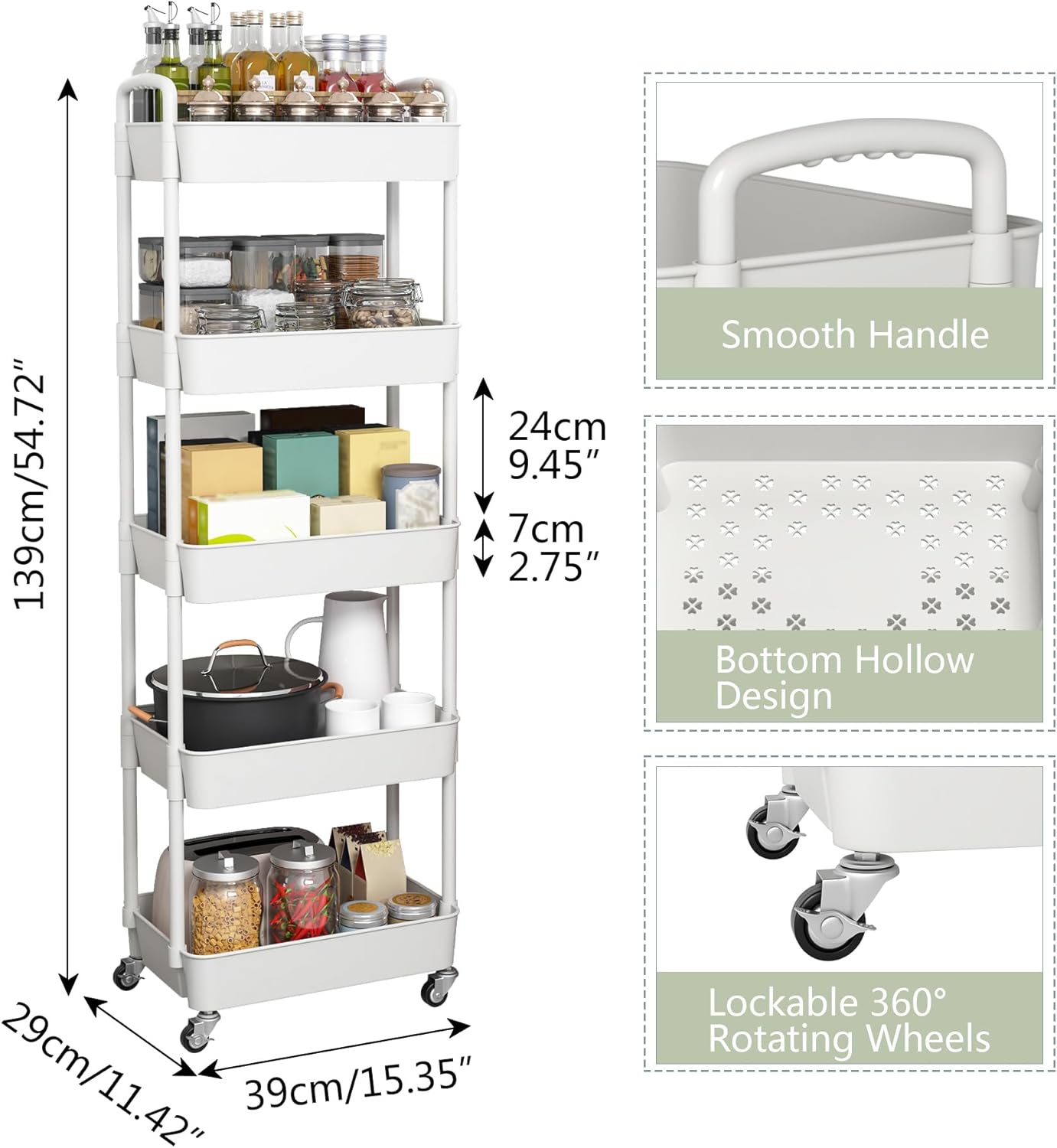 Sywhitta 5-Tier Plastic Rolling Utility Cart with Handle, Multi-Functional Storage Trolley for Office, Living Room, Kitchen, Movable Storage Organizer with Wheels, White