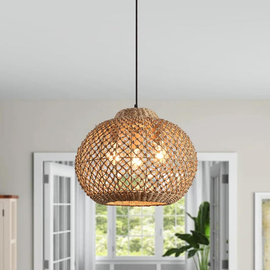 16.94" Rattan Pendant Light,Boho Wicker Chandelier Woven Water Plants, of Kitchen Island Farmhouse Dining Room,Entryway Foyer