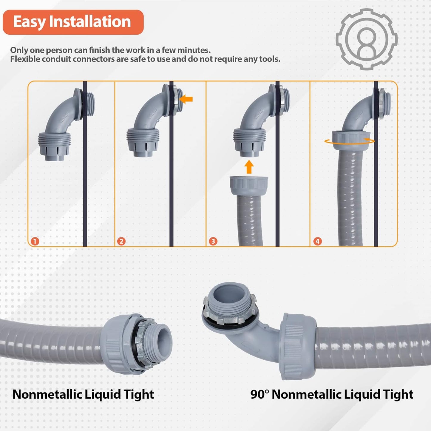 Liquid-Tight Conduit and Connector Kit 1/2inch 150ft, Flexible Non Metallic Liquid Tight Electrical Conduit w/UL Certification, Electrical Conduit Kit with 5 Straight, 5 Angle Fittings