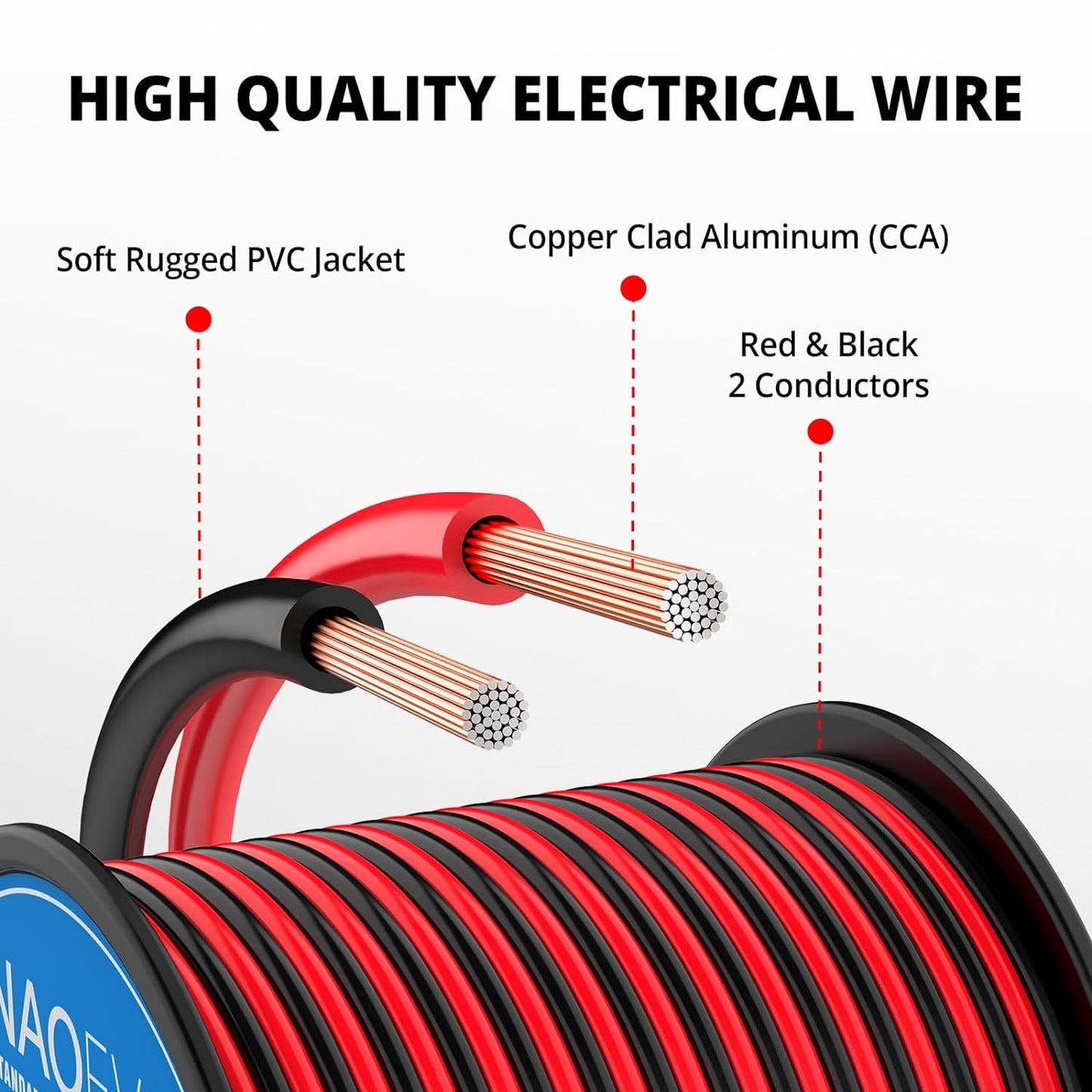 NAOEVO 12 Gauge Wire 50FT, 2 Conductors Electrical Wire Red Black Cable, Flexible/Low Voltage/PVC 12 AWG Copper Clad Aluminum Extension Cord for Speaker, LED Strips, Automotive 12V/24V DC