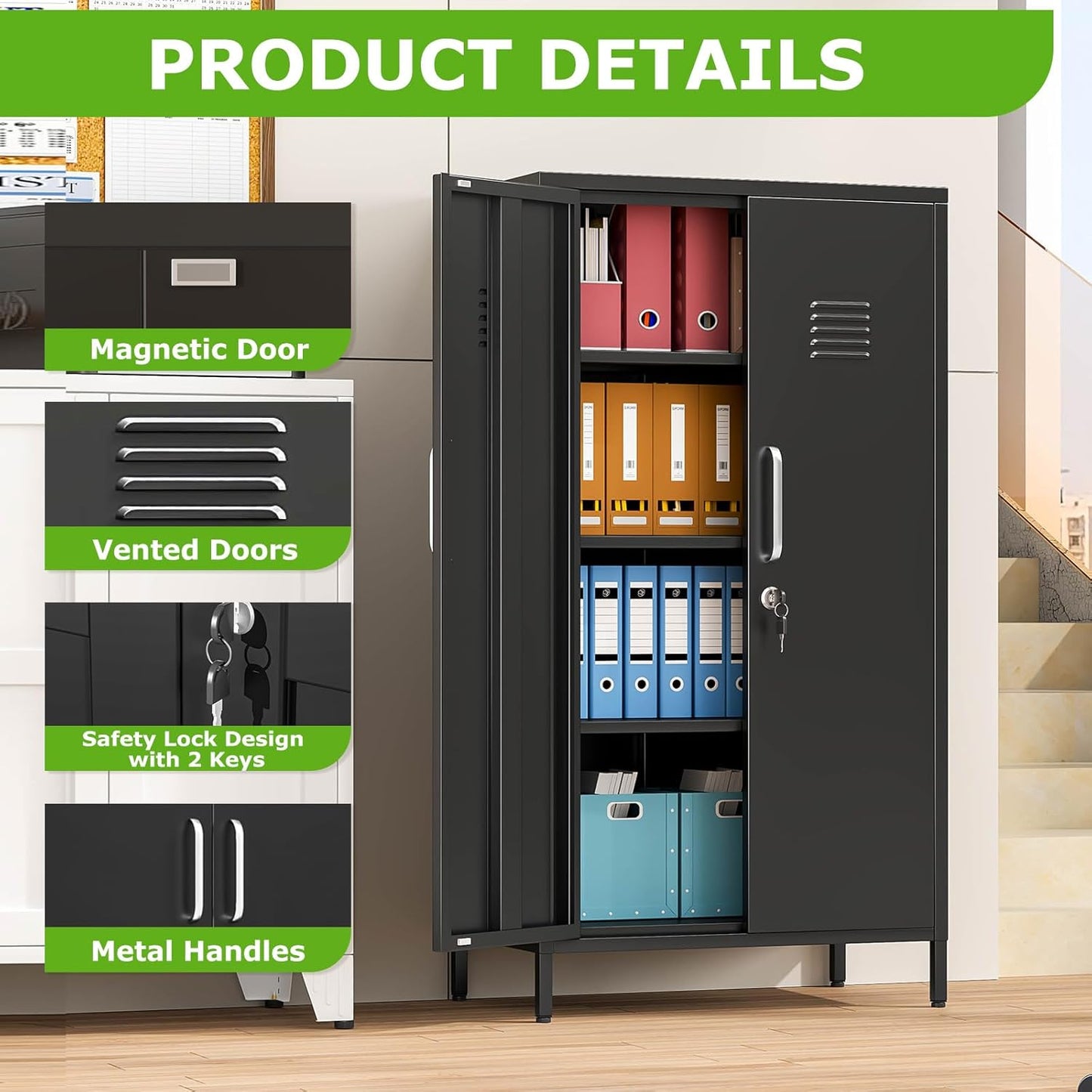 47" Metal Storage Locker, Lockable Employees Metal Locker with 2 Door and Adjustable Shelves, Steel Locker for Home, School, Office, Gym (Black)