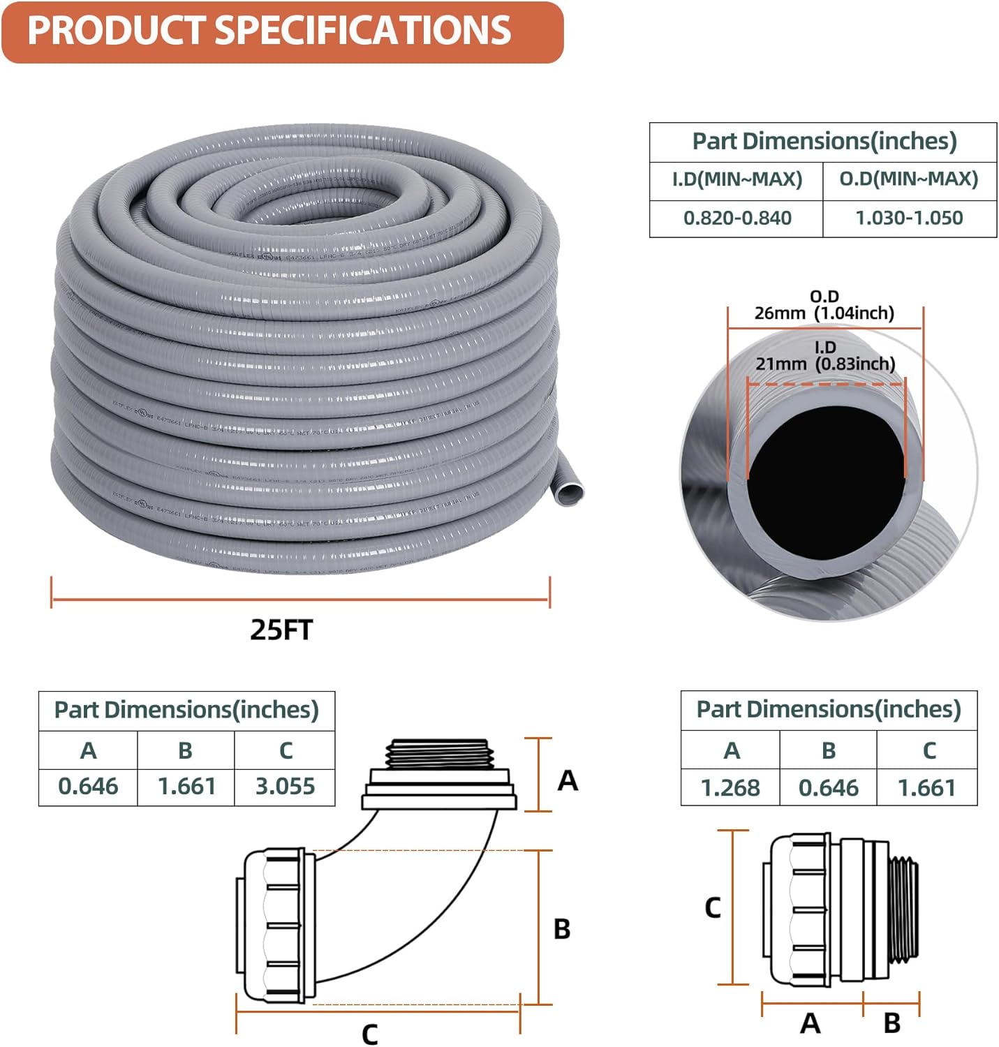 Liquid-Tight Conduit 3/4 25ft, Electrical Conduits w/UL Certification, Flexible Conduit with 5 Straight and 5 90-Degree Conduit Connector Fittings