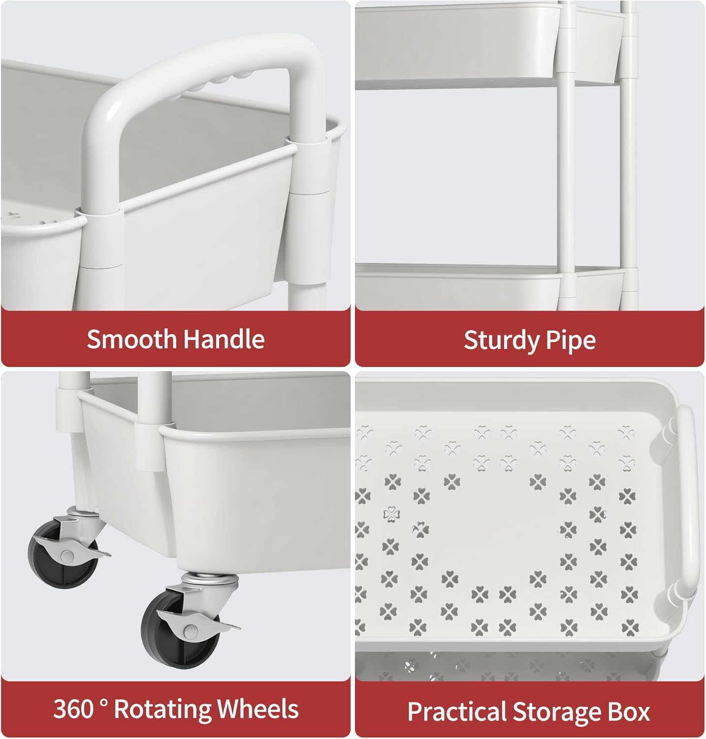 Sywhitta 4-Tier Plastic Rolling Utility Cart with Handle, Multi-Functional Storage Trolley for Office, Living Room, Kitchen, Movable Storage Organizer with Wheels, White