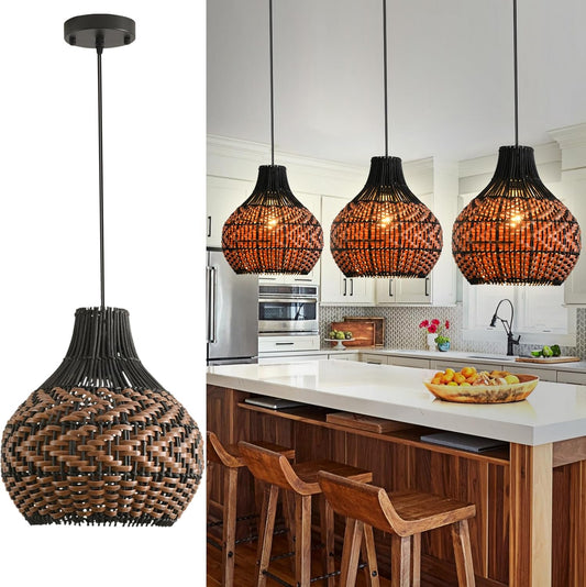3-Pack Rattan Pendant Light 10.24" Hand-Woven Black Brown Fax Rattan Basket Chandelier Mini Boho Wicker Hanging Lamp for Dining Living Bedroom Kitchen Farmhouse