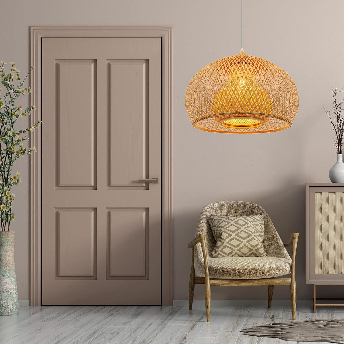 Arturesthome 23.6" Weaving Bamboo Pendant Light for Kitchen Island, Wicker Chandelier, Handmade Woven Hanging Ceiling Light Lampshade for Living Room Bedroom